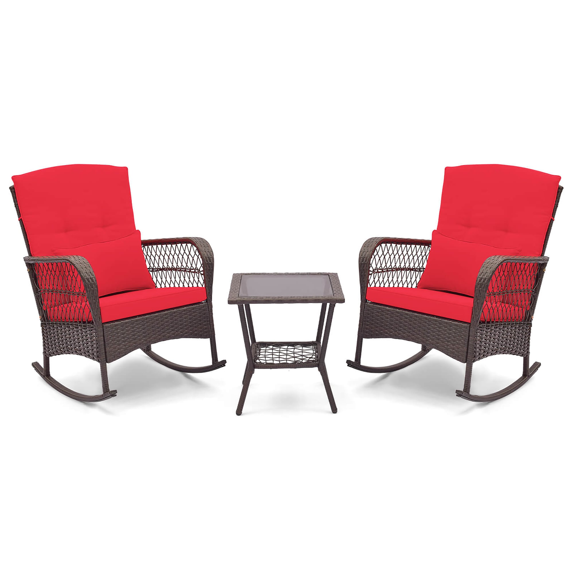 Costway HCST03506 3 -Piece Mix Brown Rattan Bistro Patio Dining Set Steel Square Table with 2 Red Cushions Rocker Chairs