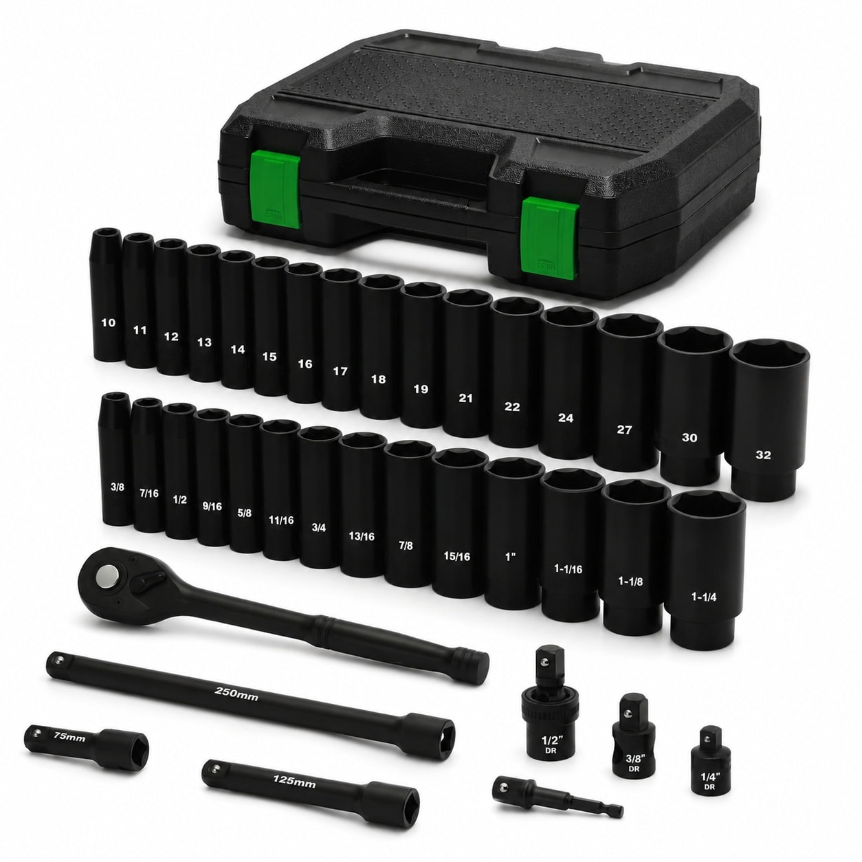 Phyfalip  Half Inch Drive Deep Impact Socket Set 38 Piece Set SAE 3 8 to 1 1 4 Inch and Metric 10 to 32mm Size Includes Extension Bars Universal