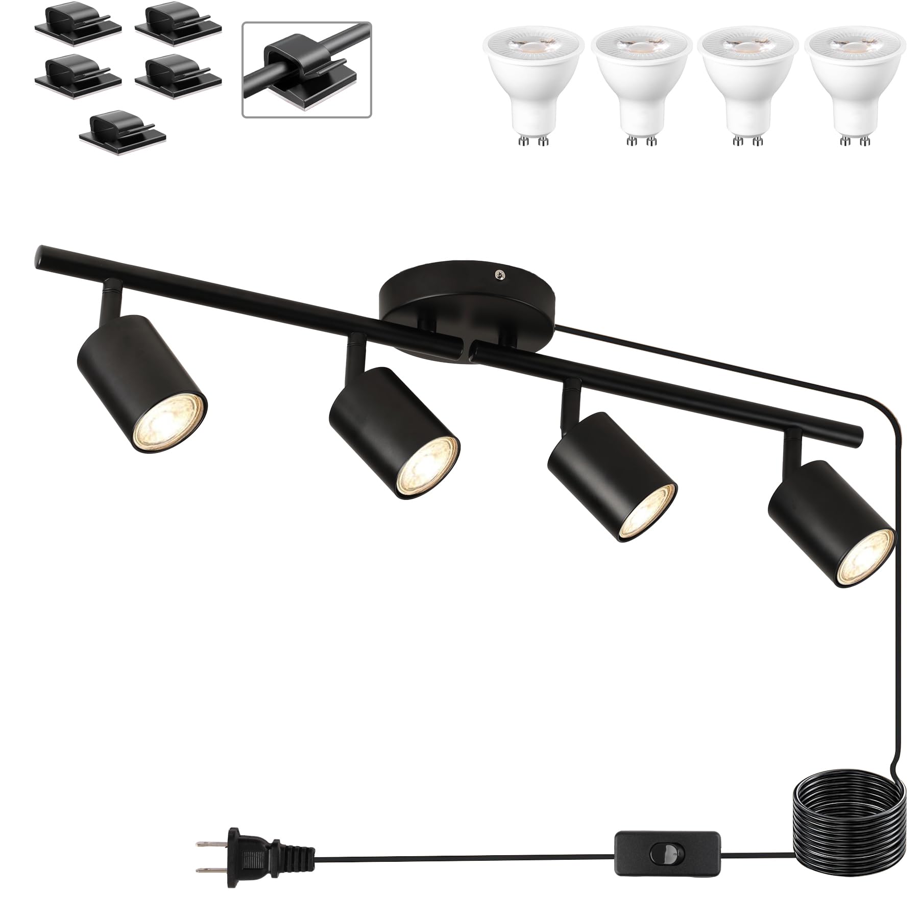 Yichuhaoxi  Plug in Track Lighting Kit 80cm LED 4 Light Ceiling Spot Lighting Kit with 16 ft Cord Adjustable Rotatable Heads GU10 Bulbs Included