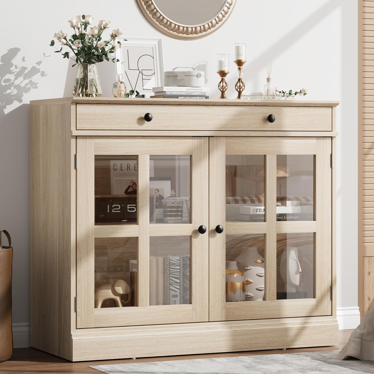 Qeetex DHZ-PHO-33YQJ4VD 35.4 inch Sideboard Buffet Cabinets with Glass Door Buffet Cabinet with Storage Oak Sideboard Cabinet with Drawer Modern Buffets and Sideboards for Dining Room Kitchen
