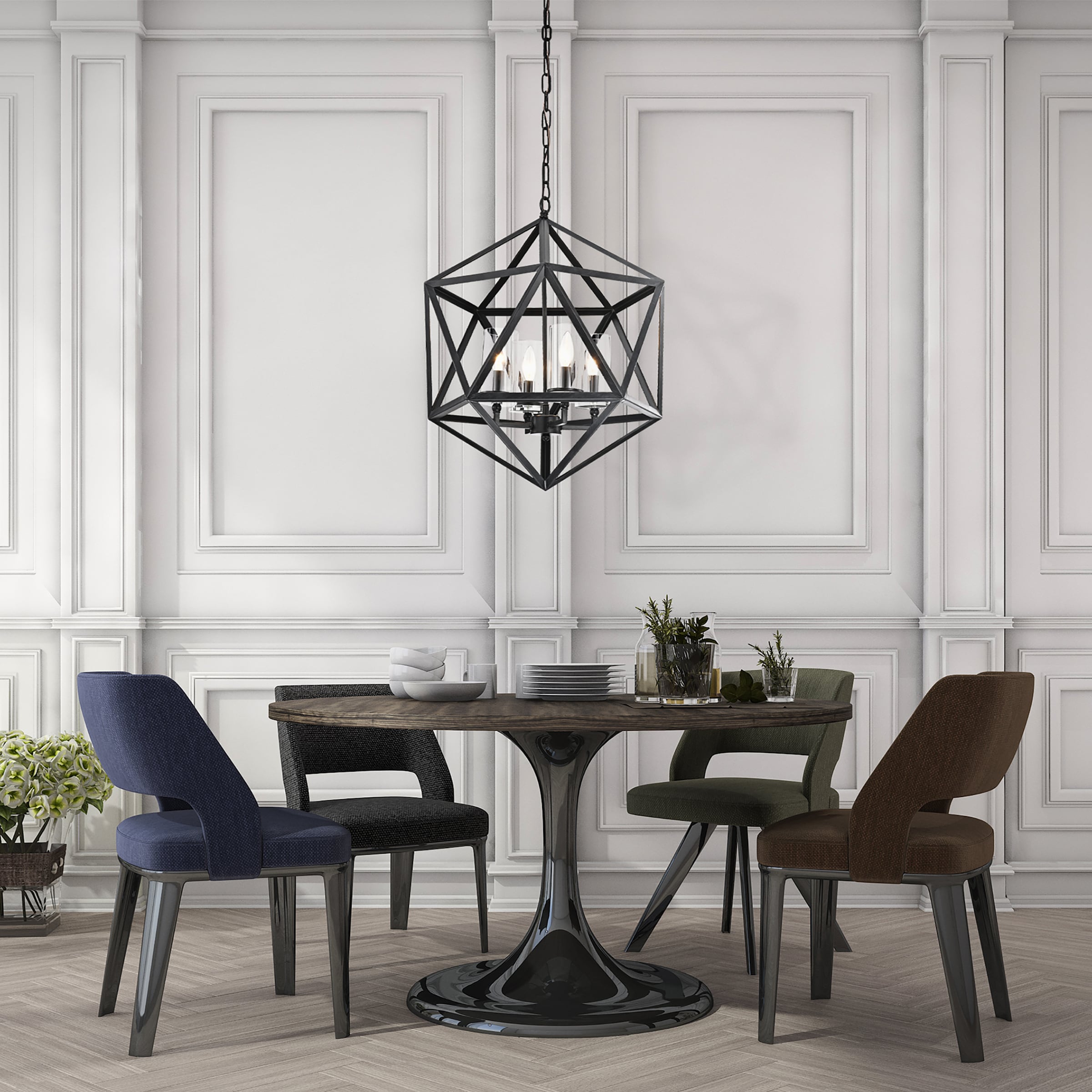 Antique Black Geometric Cage Chandelier with Glass Shades