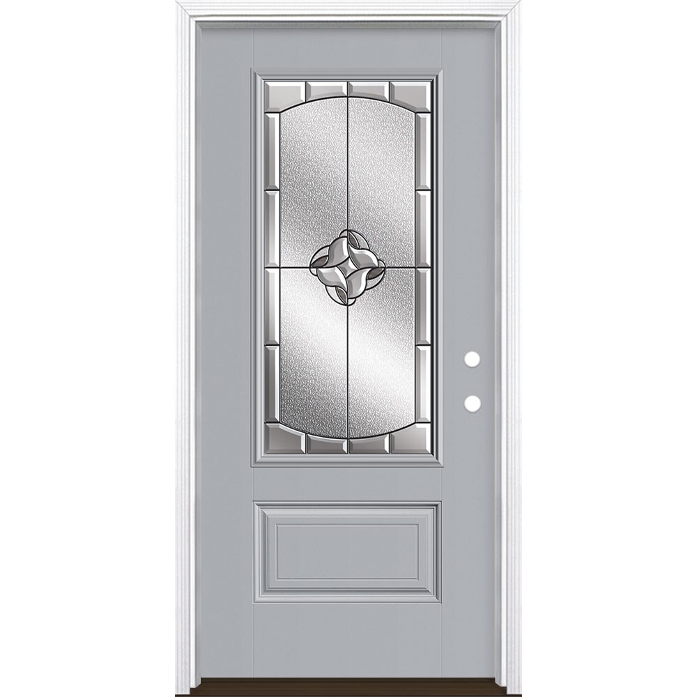 Masonite 3423015 Rozet 36-in x 80-in x 4-9/16-in Fiberglass 3/4 lite Left-hand inswing Infinity Gray Painted Prehung Single door Front Door with Brickmould Insulating core Decorative glass