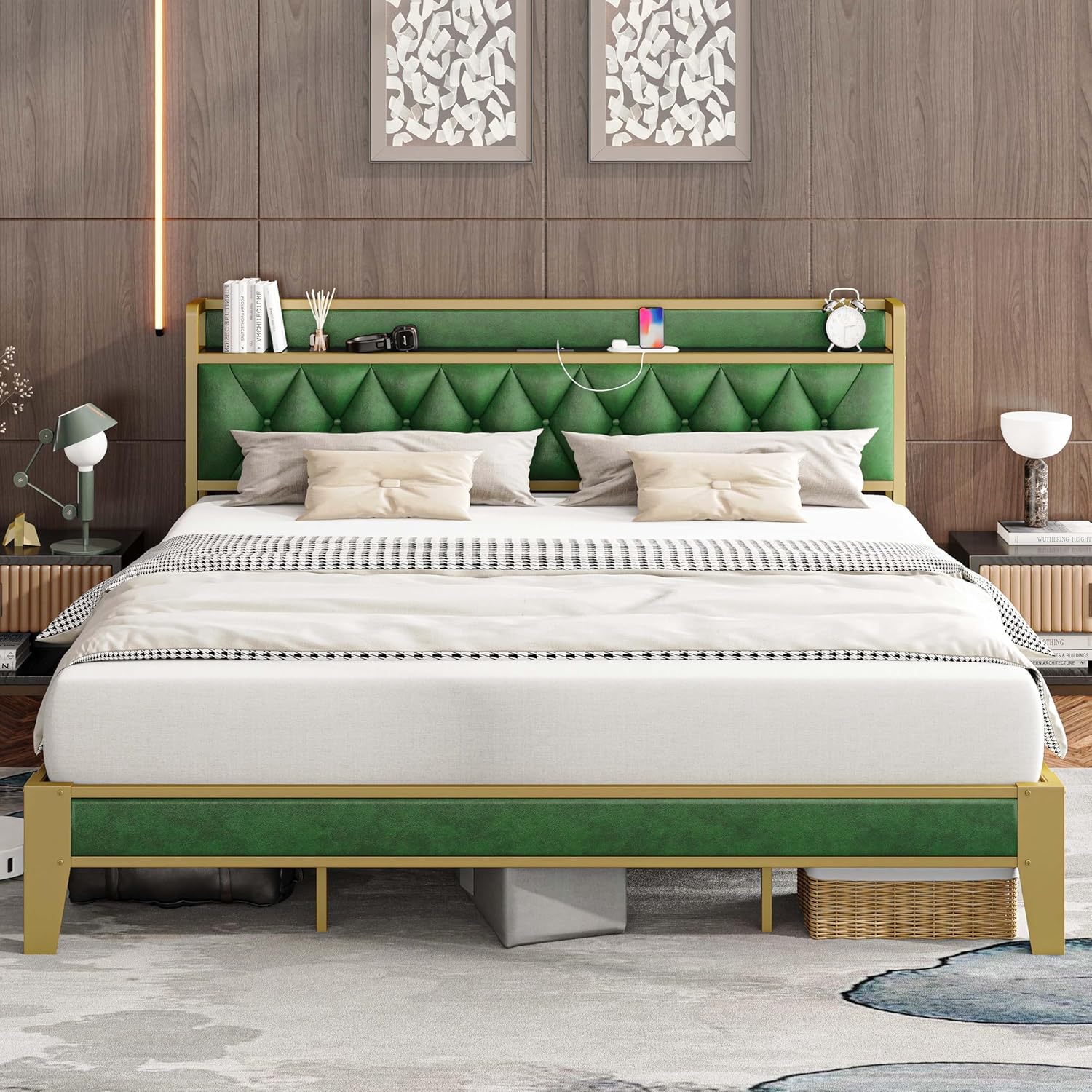 Anctor UUVNRENIWQ92FH73 78-in W Emerald King Bed Frame with Storage Headboard and Outlets