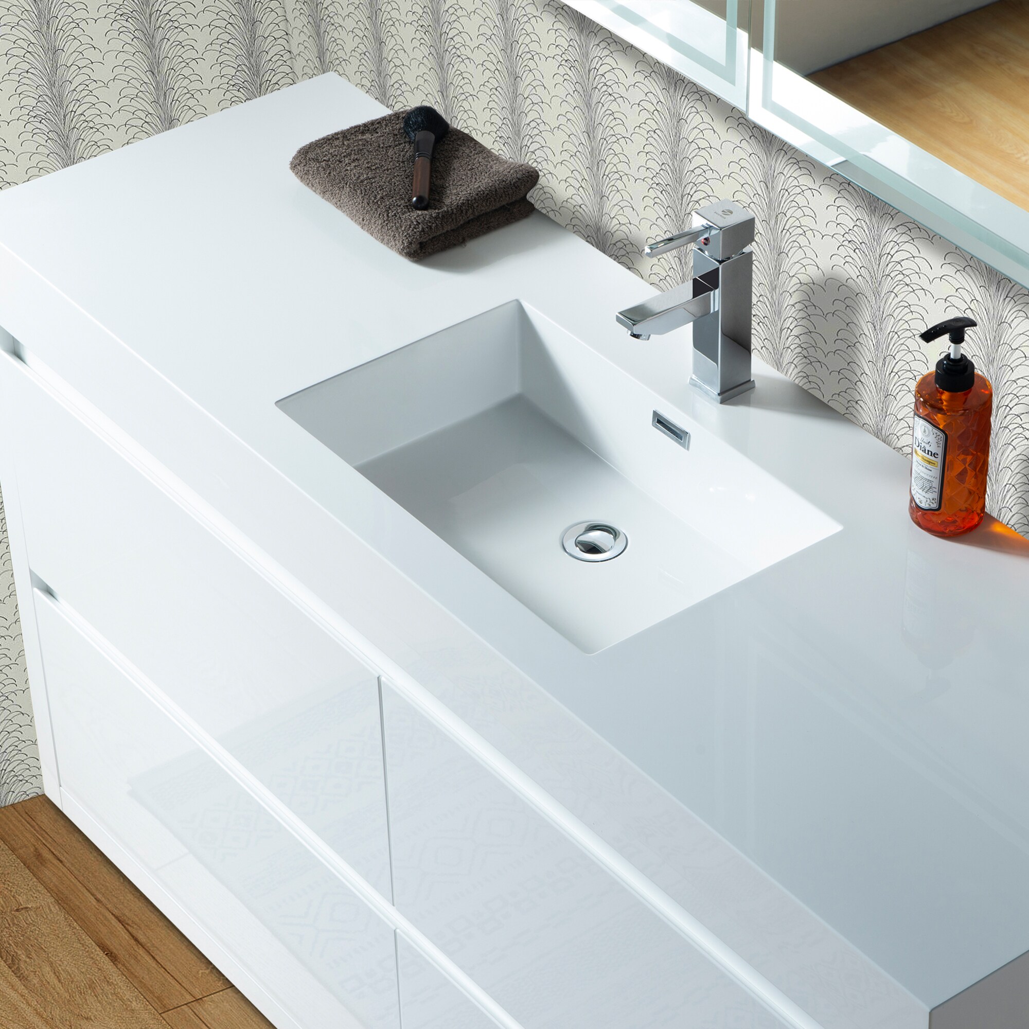 Glossy White 60-Inch Single Sink Bathroom Vanity with Resin Top