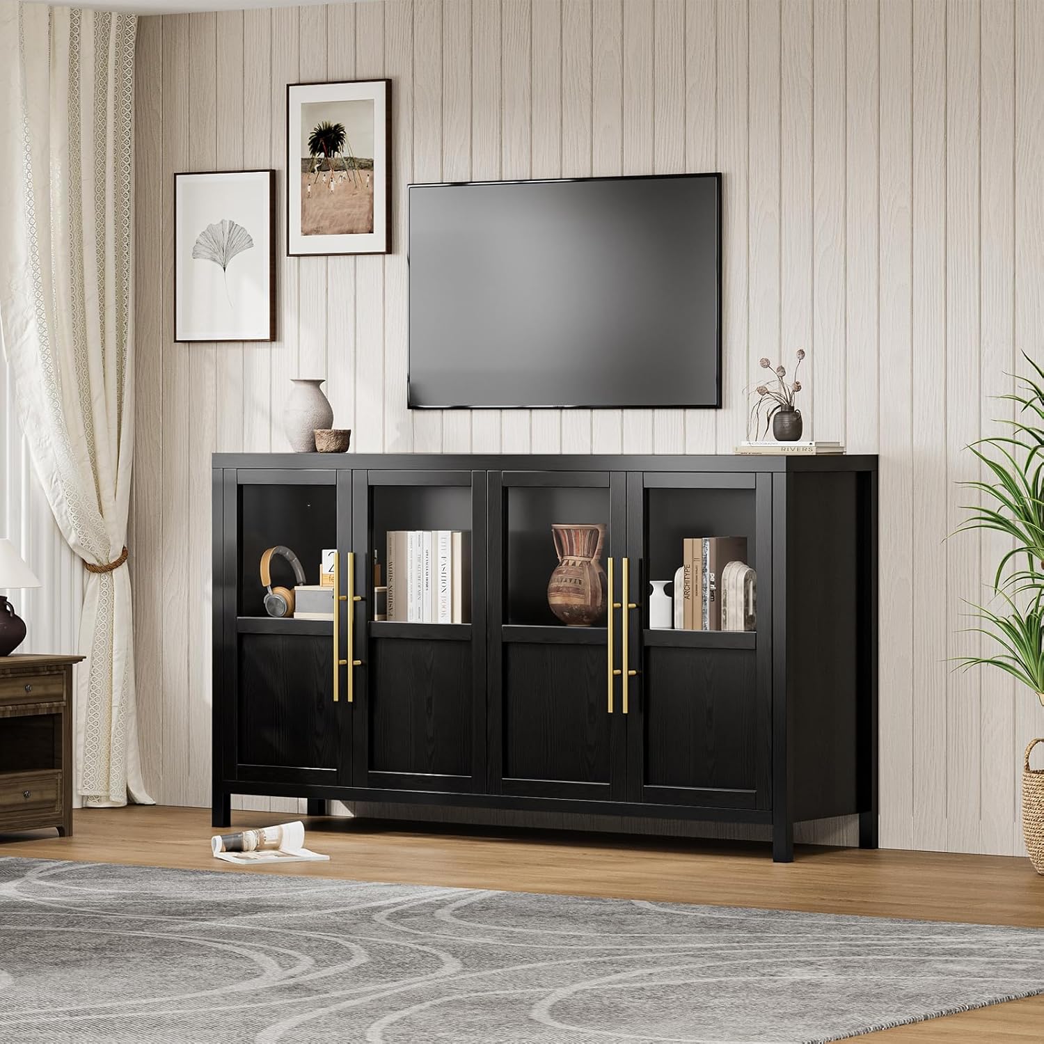 Garvee Sideboard Buffet Cabinet with 4 Glass Doors 55 in Buffet Table ...