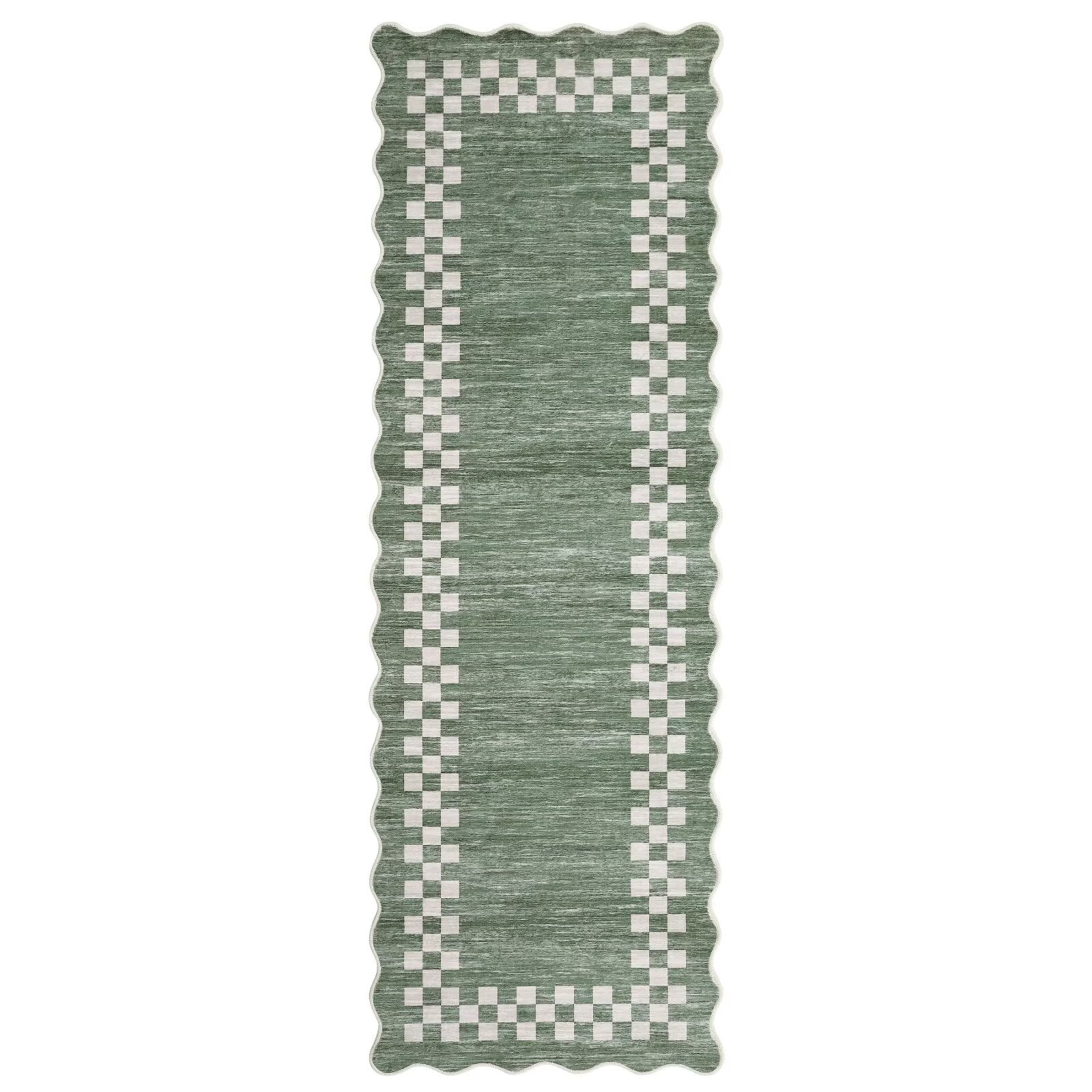 Qeetex SUNNY-PHK-343R6Q8P 2 x 6 ft Polyester Green Rectangular Indoor Geometric Bordered Modern Machine Washable Runner Rug