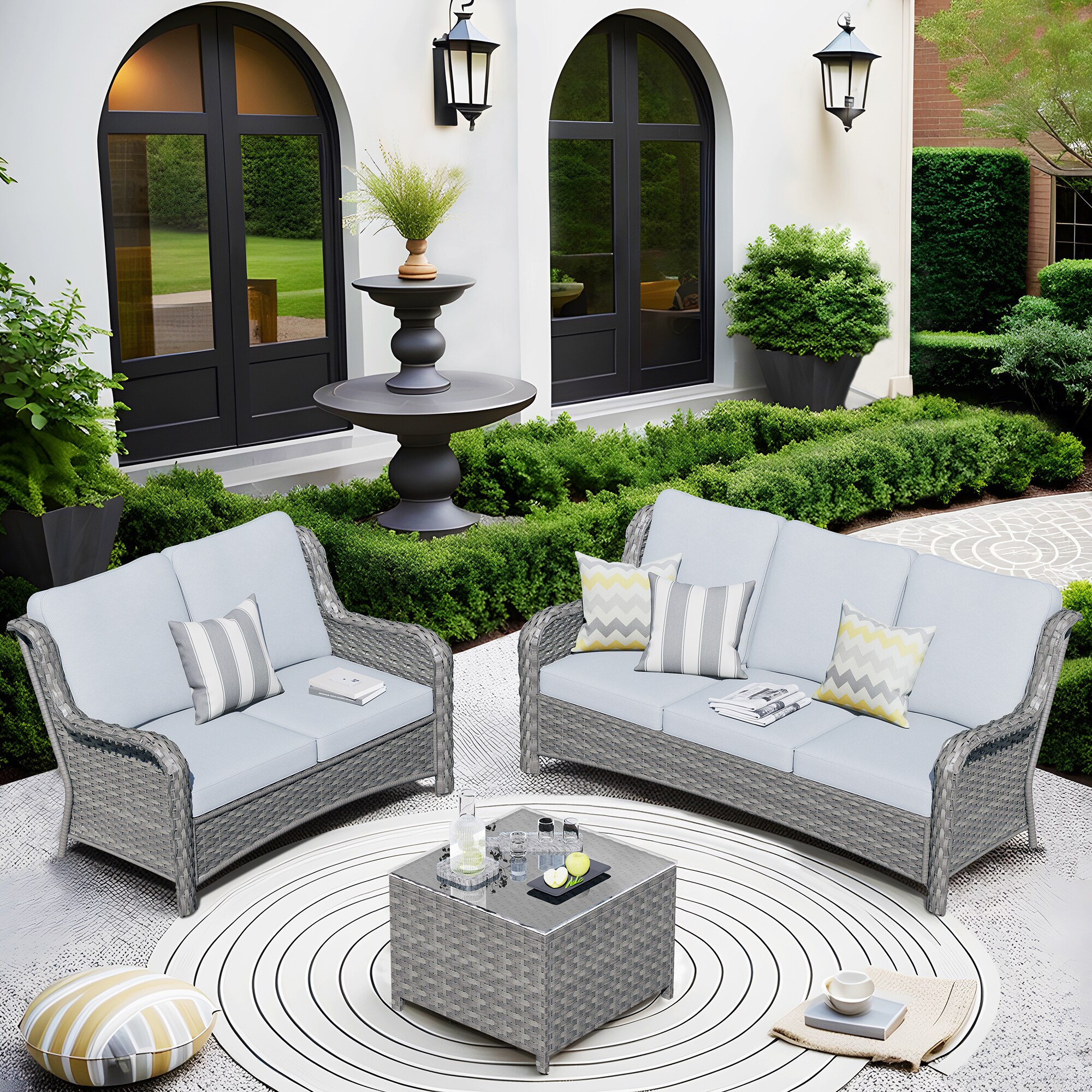 Pouuin SGNTC403 3 -Piece Wicker Patio Sofa Conversation Set with Gray Cushions