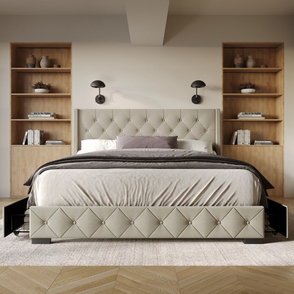 Home Design - Full Warm Gray Wood Tufted Platform Bed with Headboard