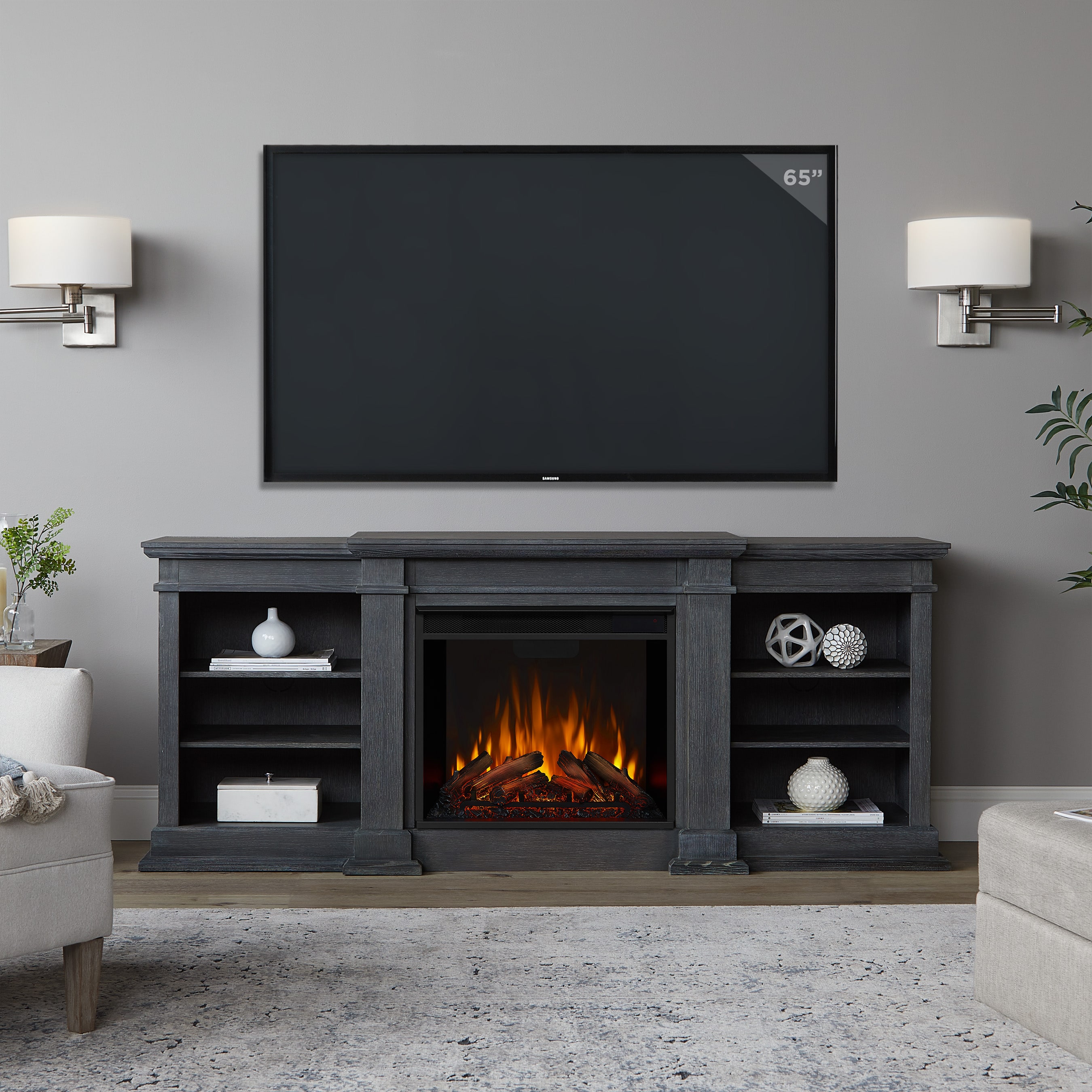 Real Flame 71.75 Inches W Antique Gray TV Stand with Infrared quartz Flat wall Electric Fireplace with Remote Control Included in the Electric Fireplaces department at Lowes