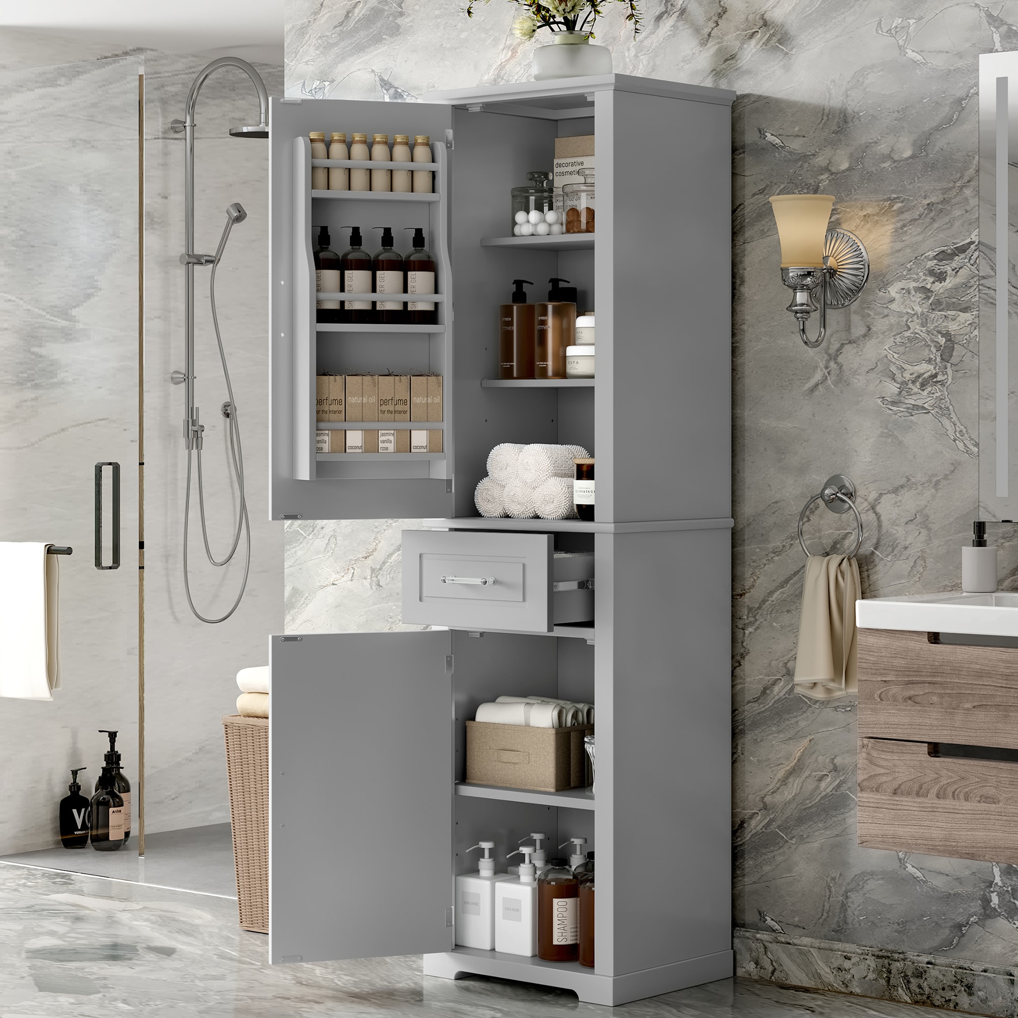 Hrinhom BA50-GRAY Unassembled 20-in x 72-in x 15.8-in Gray Freestanding Linen Cabinet