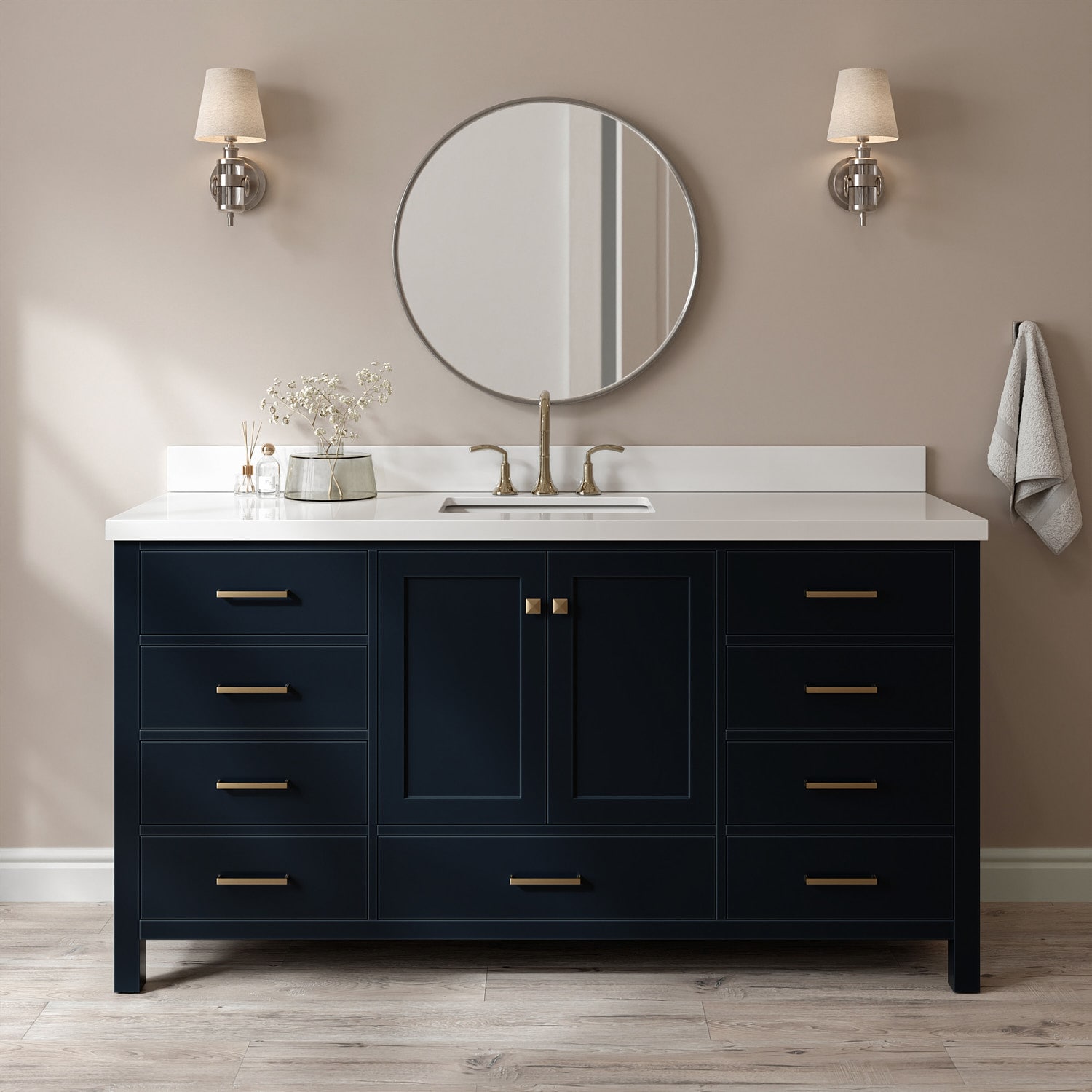 ARIEL A067SWQRVOMNB Cambridge 67-in Midnight Blue Undermount Single Sink Bathroom Vanity with Pure White Quartz Quartz Top