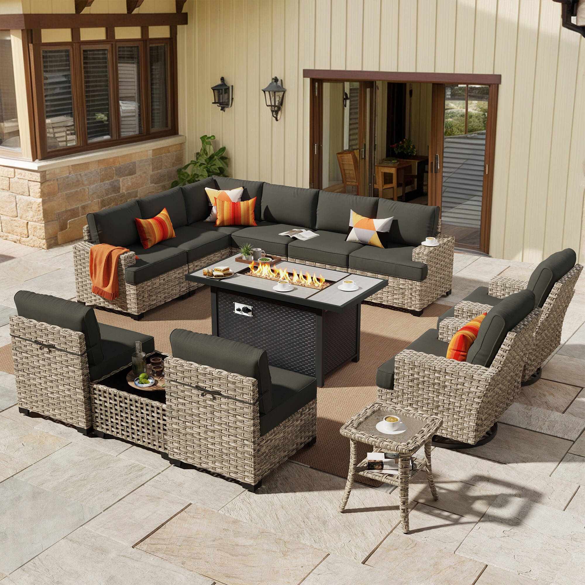 Toject Outdoor Sectional Patio Furniture Set with Fire Pit Table 13 Pieces Wicker Conversation Sets L Shaped Couch Extra Deep Out Door Sofa Outside Furniture with Swivel Chairs Black