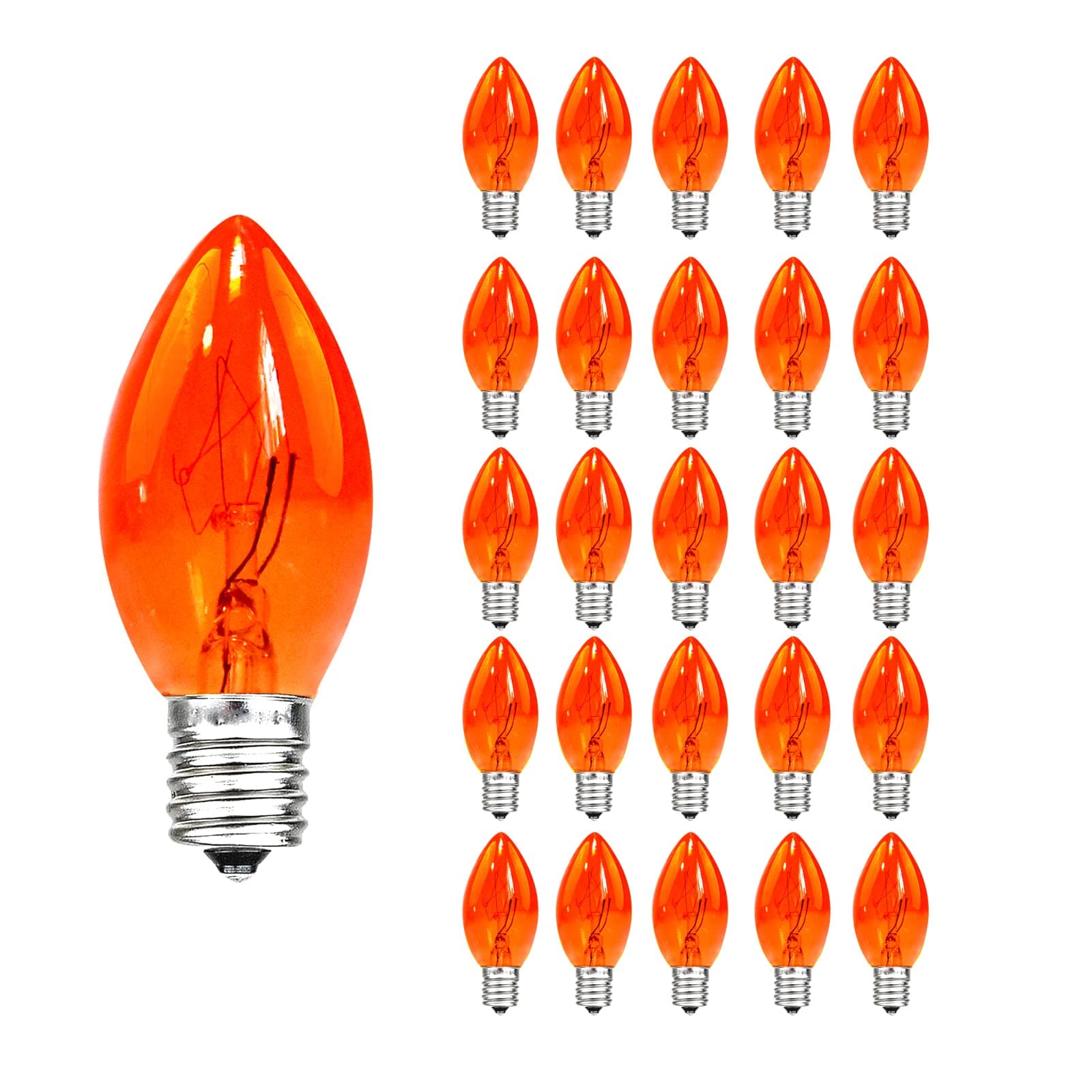 Lukvuzo  C7 Replacement Bulbs Orange E12 Candelabra Base 5W Incandescent Outdoor String Lights for Patio Halloween Christmas Decor 25 pack
