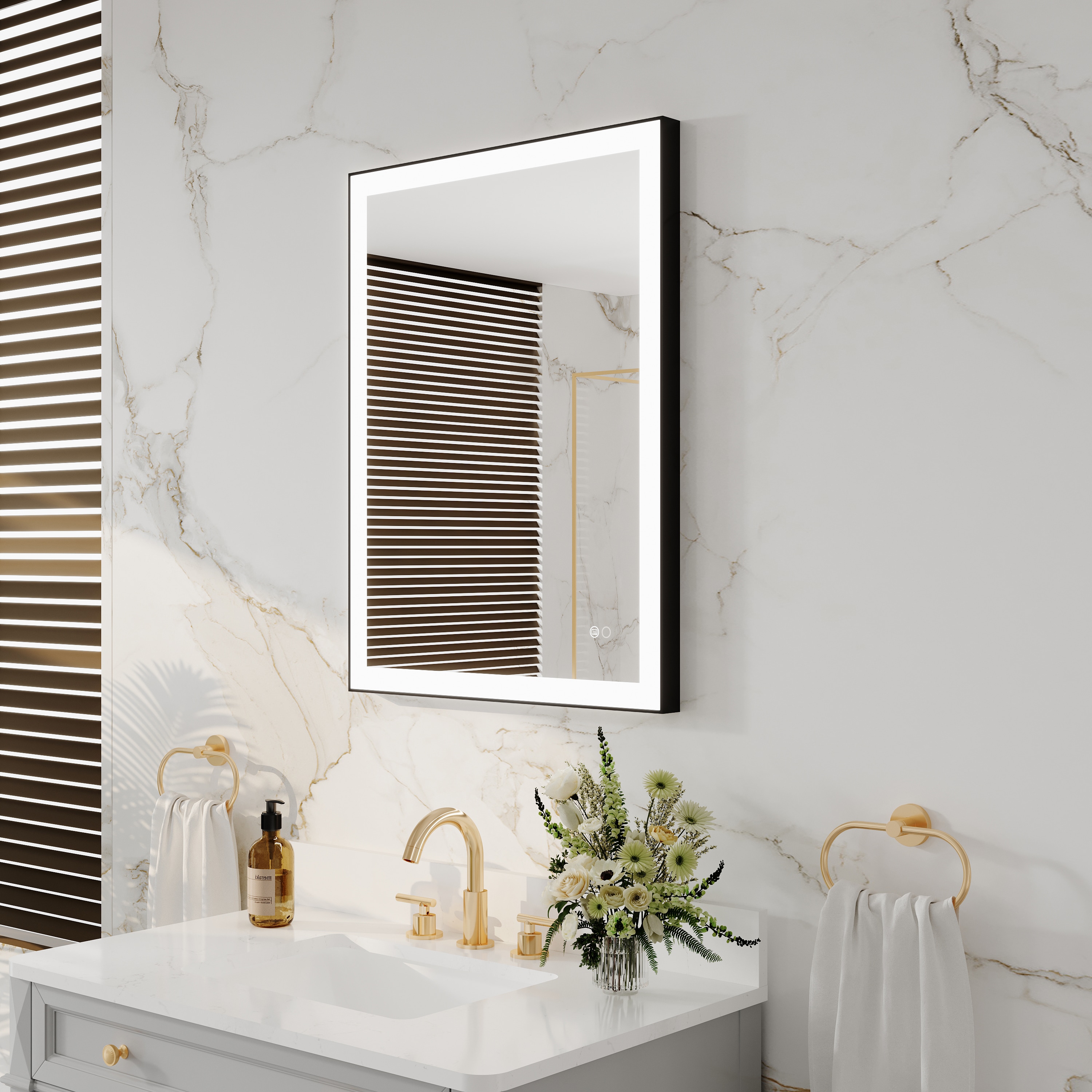 Ayelon Mirror 24-in x 32-in Framed Rectangle Dimmable LED Lighted Fog Free Bathroom Vanity Mirror ( Matte Black )