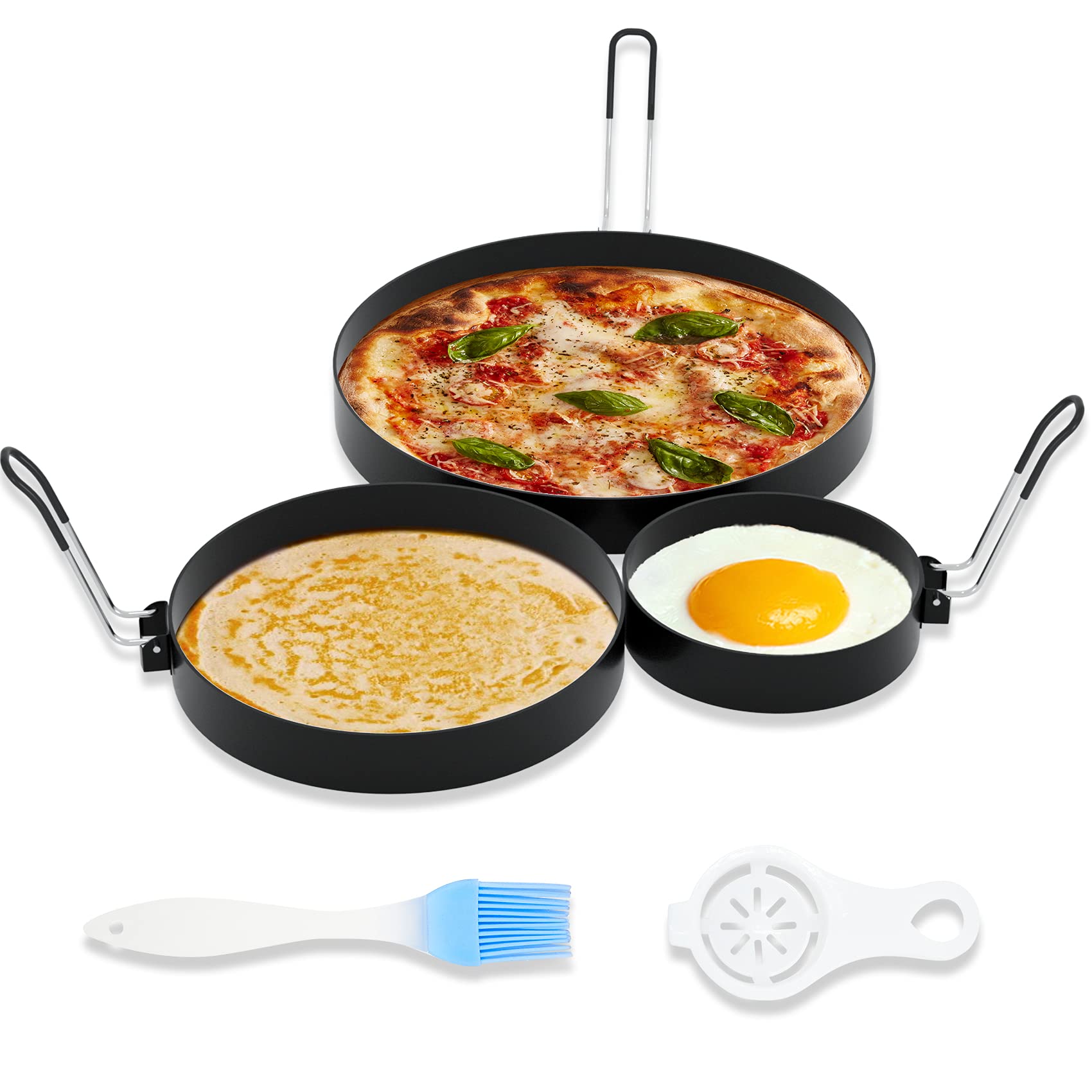 Phewnyzo  3 Pack Stainless Steel Omelet Pancake and Egg Rings Non Stick Cooking Molds with Oil Brush and Egg Separator for Griddle or Skillet