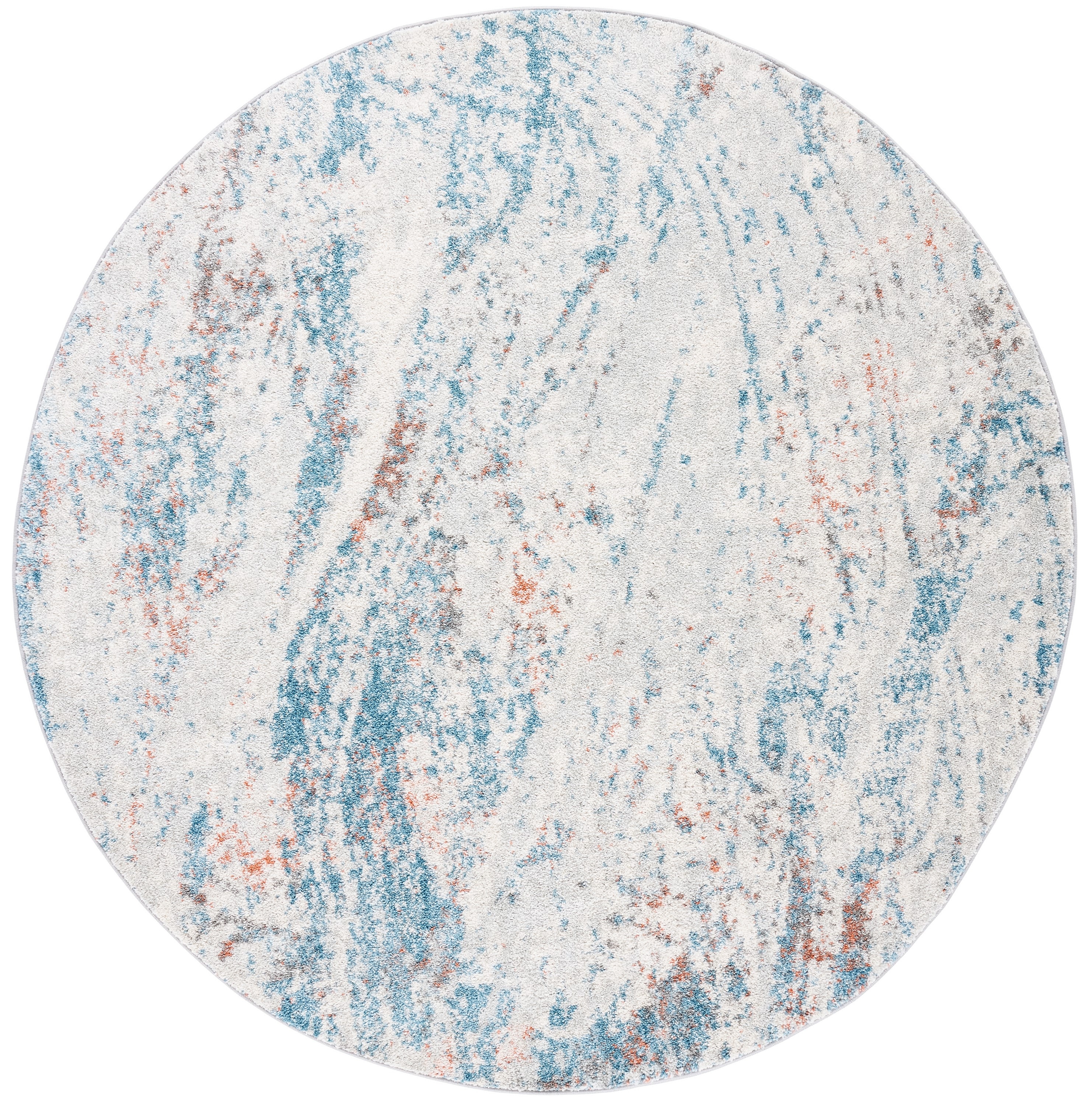 Ivory and Blue Round Abstract Hand-knotted Rug