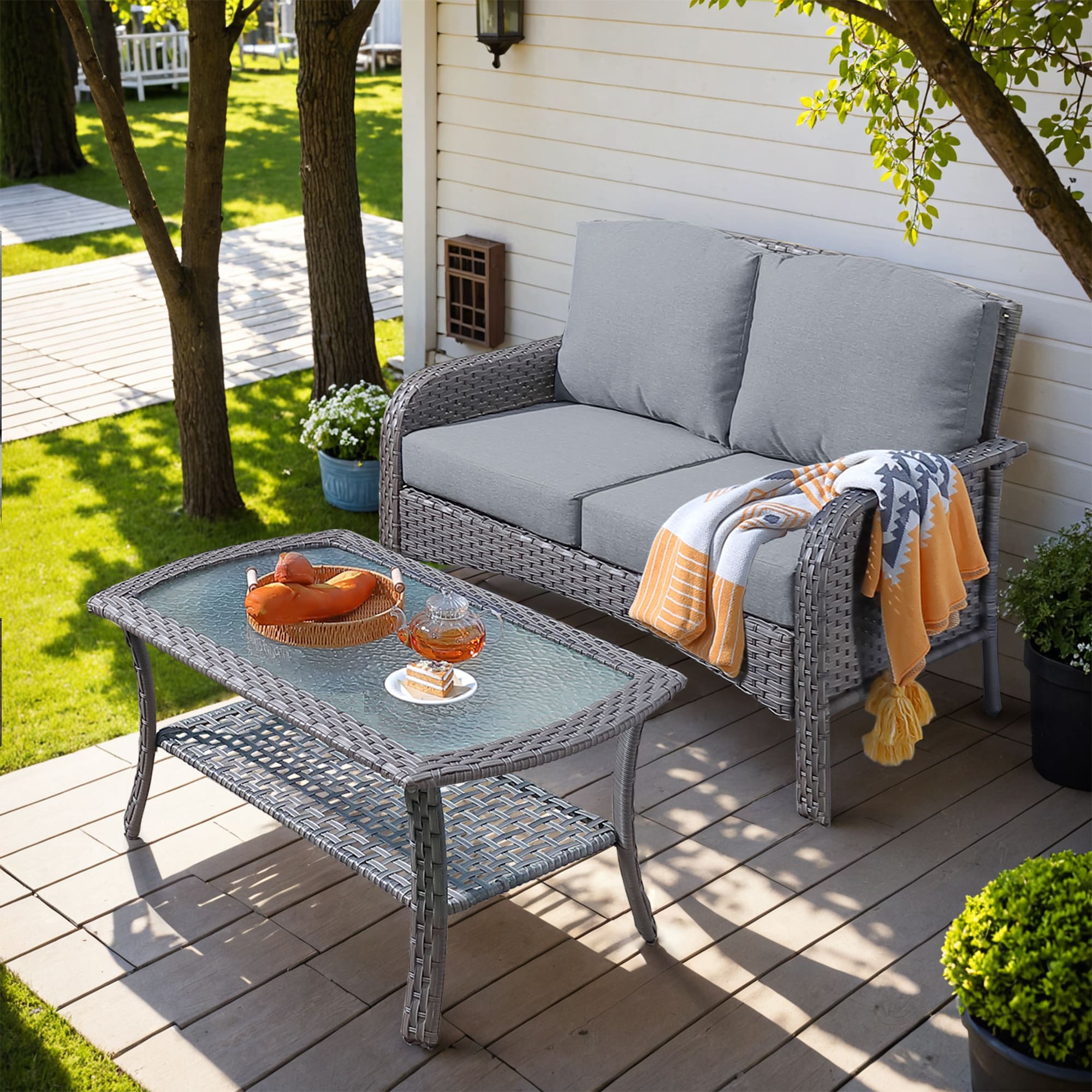 Ovios GNDS200-1 New Augtus Wicker Outdoor Loveseat with Dark gray Cushions and Iron Frame