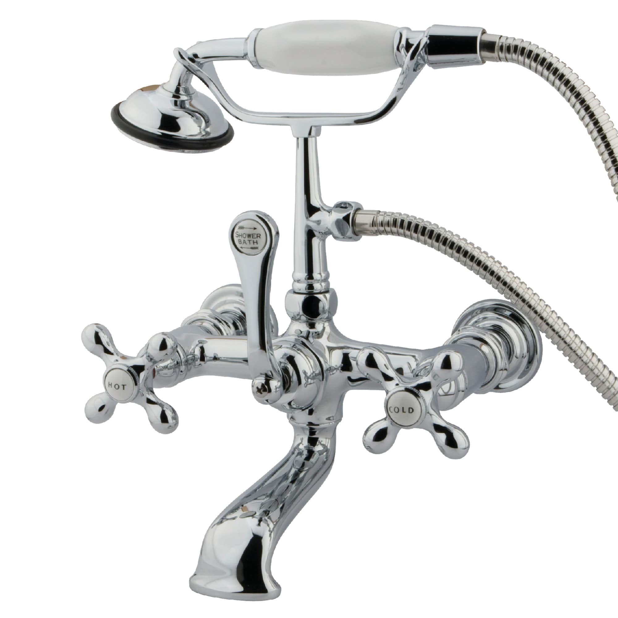 Kingston Brass WLCC558T1 Vintage Polished chrome 3-handle Wall-mount Low-arc Bathtub Faucet with Hand Shower ( Valve Included )