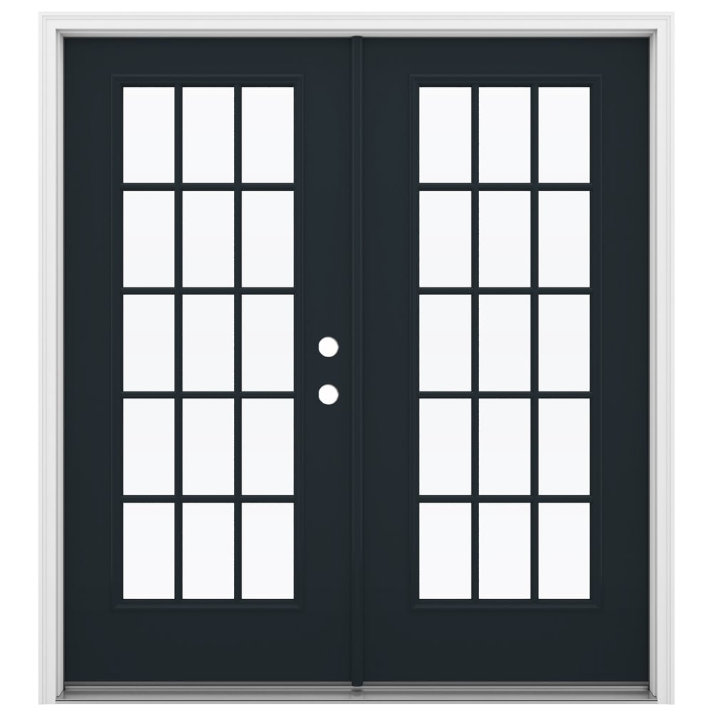 JELD-WEN LOWOLJW235000152 F-3500 72-in x 80-in x 4-9/16-in Jamb Low-E External grilles , Black Fiberglass Left-hand inswing French Double Patio Door Brickmould Included