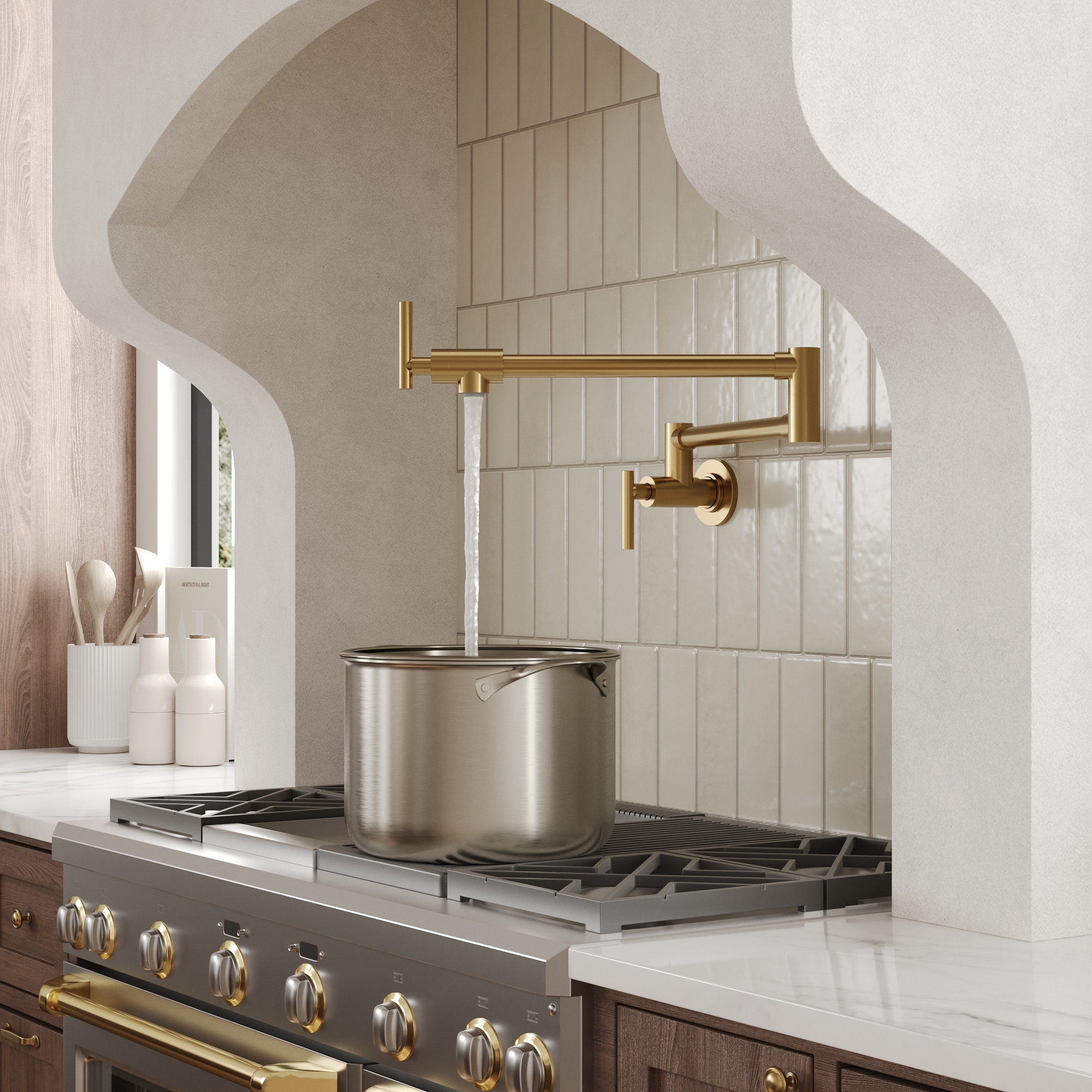 GRANDJOY  26 in. Brass Body Brushed Gold Wall-Mount 2-Handle Pot Filler Faucet with Dual Swing Arms Spot Resist 1.8 GPM