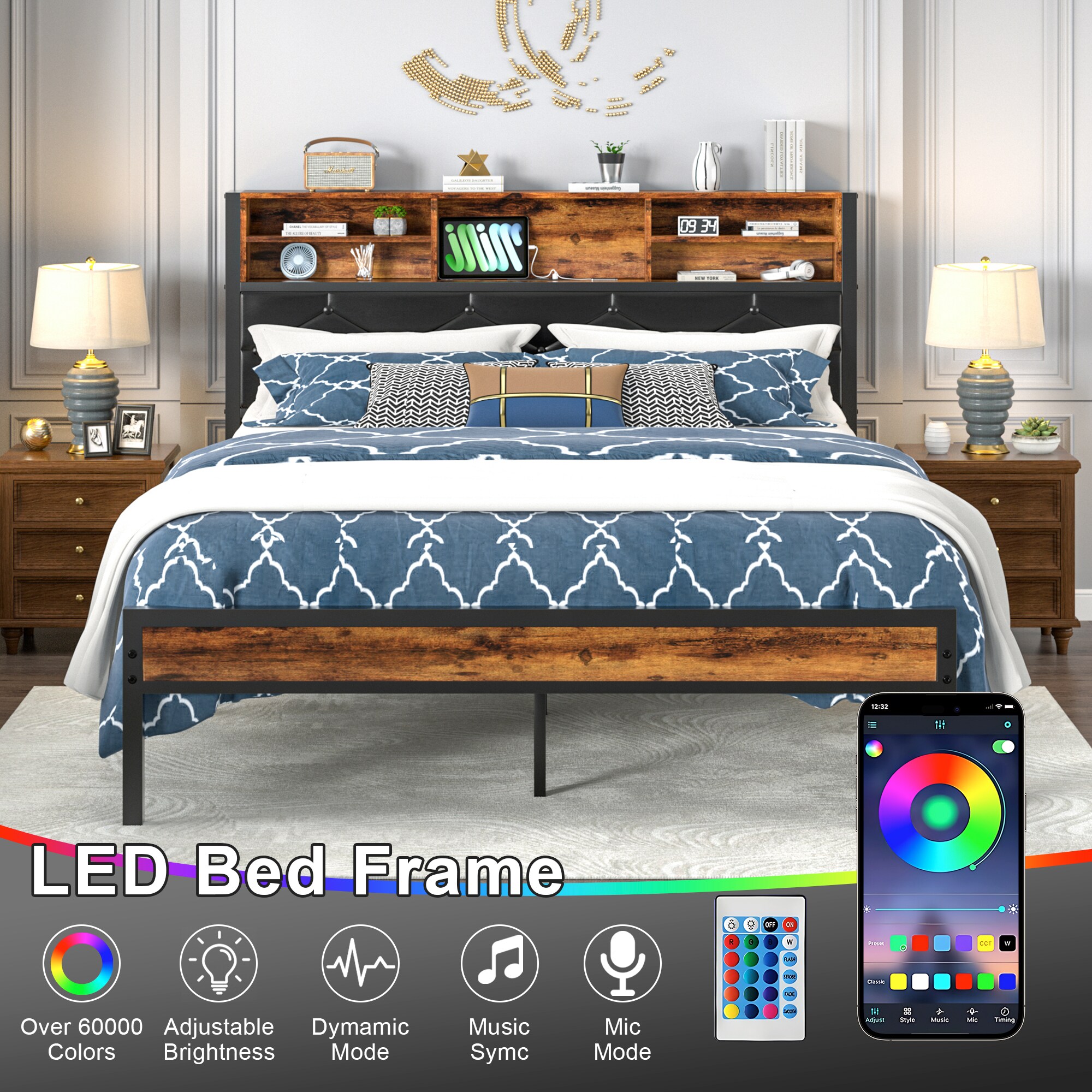 Vecelo LOE-BS-F09-BRN Full Size LED Bed Frame with Charging Station Upholstered Platform Bed Bookcase Headboard Brown