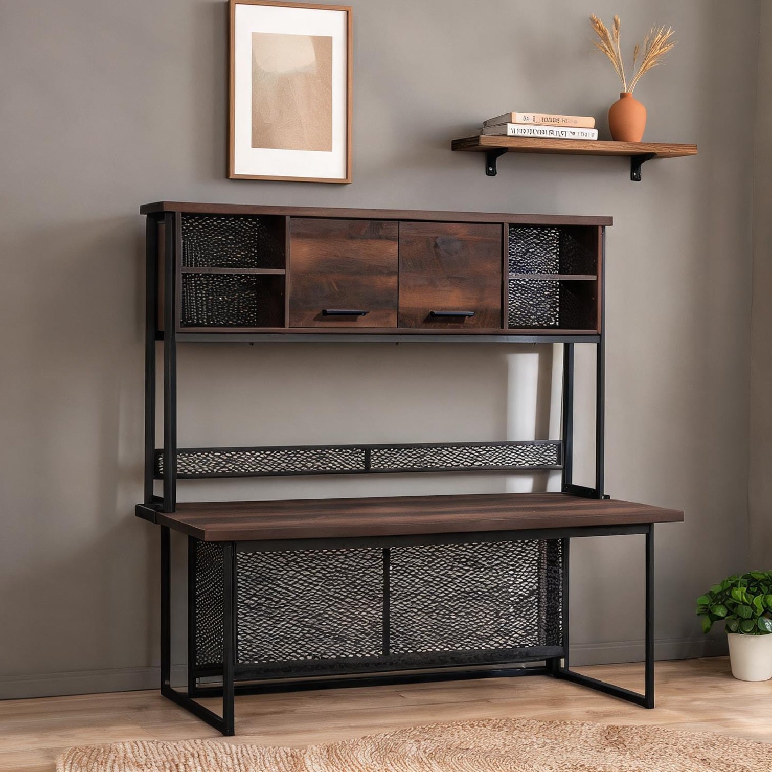 SunJet Engineered Wood Modern Hutch with Concealed Compartments and Adjustable Shelves Brown Finish