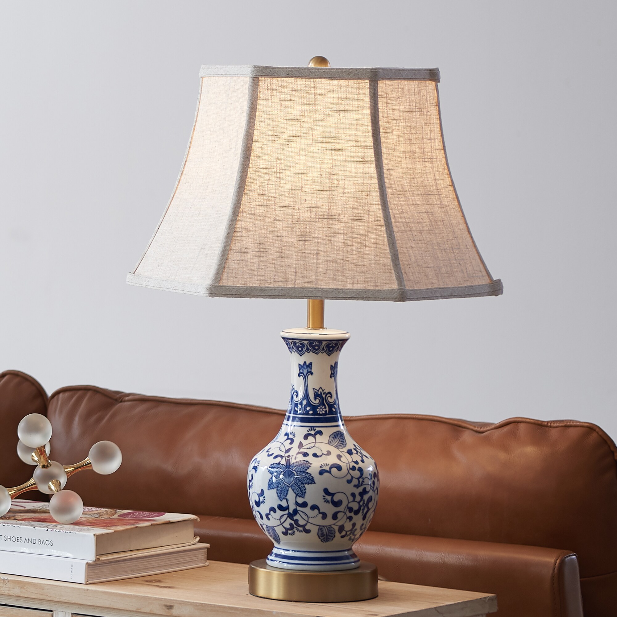 ACROMA 36251LY Adalaide 23.5-in Blue and White LED Incandescent 3-way Table Lamp with Linen Shade