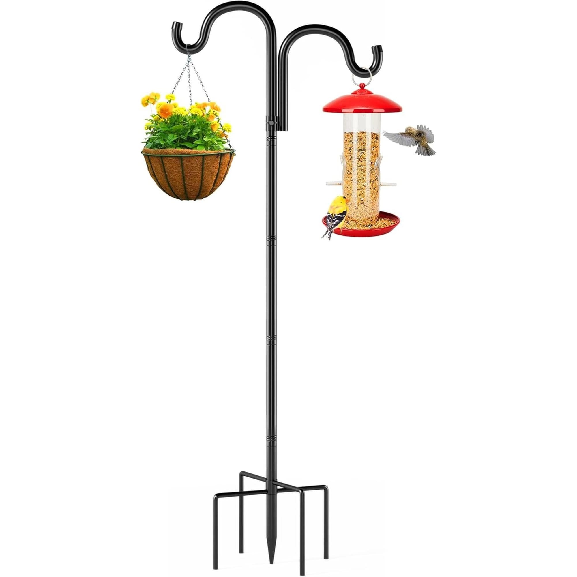 Angel Sar - 76 Inch Heavy Duty Black Double Shepherd Hook with 5 Prong Base Adjustable for Bird F...