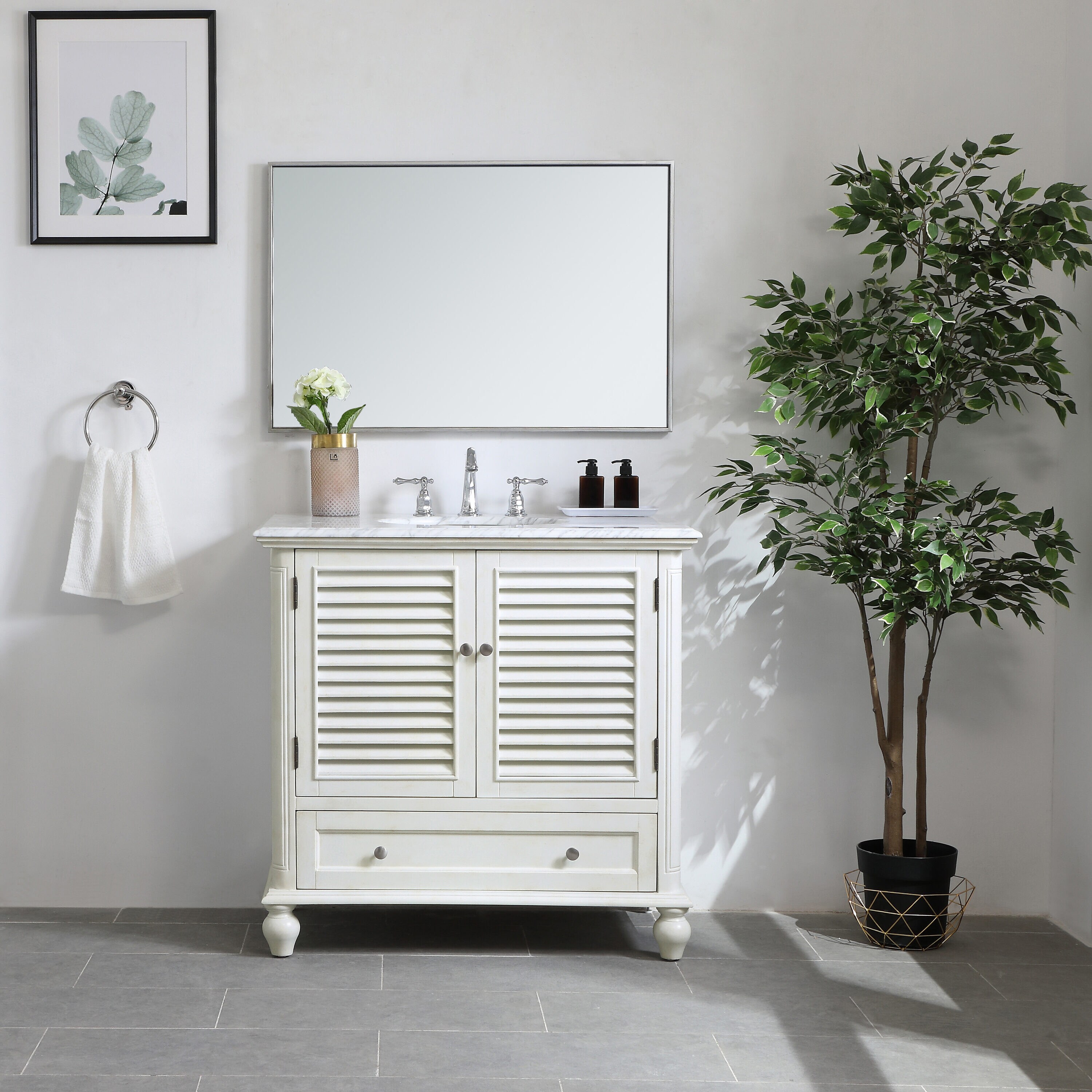 Rhodes 36" Coastal White Single Bathroom Vanity with Marble Top