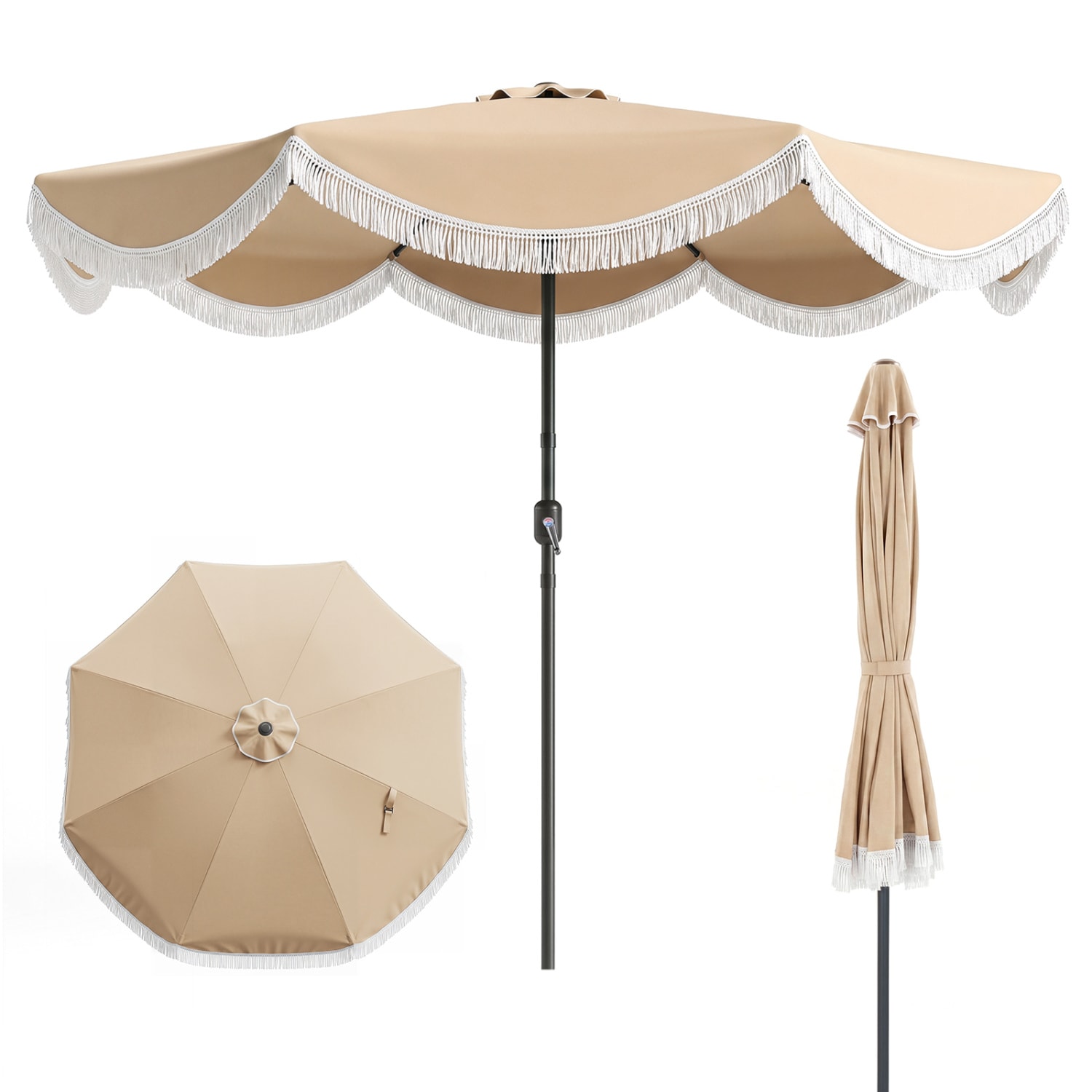 Volenca 9-ft Outdoor Tassel Patio Umbrella with Push-Button Tilt and Vented Canopy