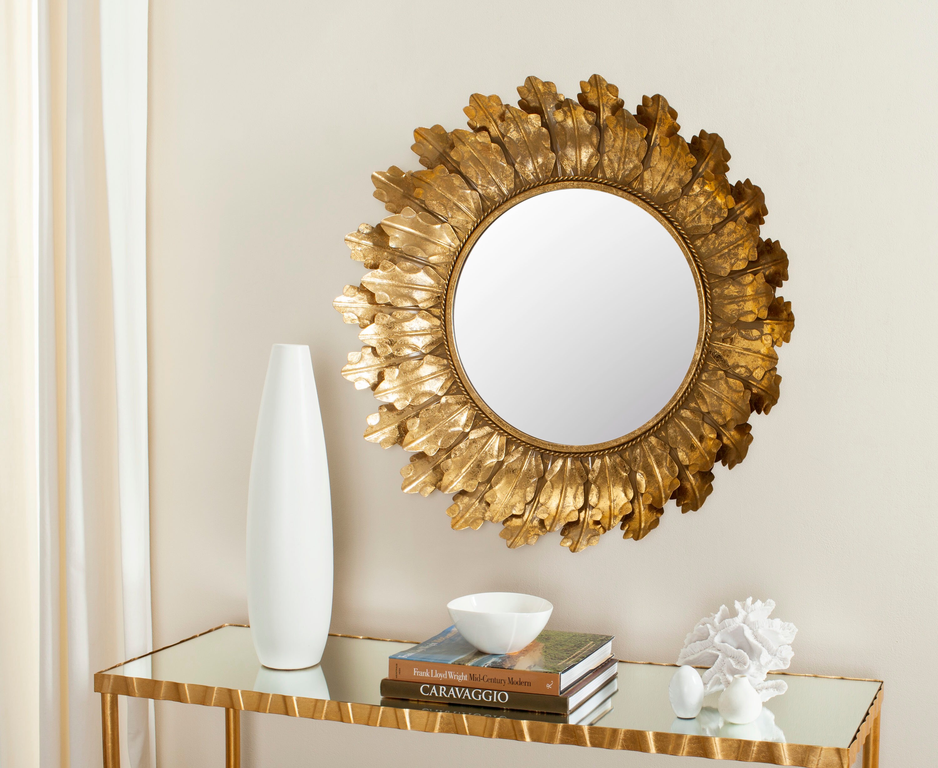 Safavieh Paradox Leaf 30-in W x H Round Gold Polished Wall Mirror in ...