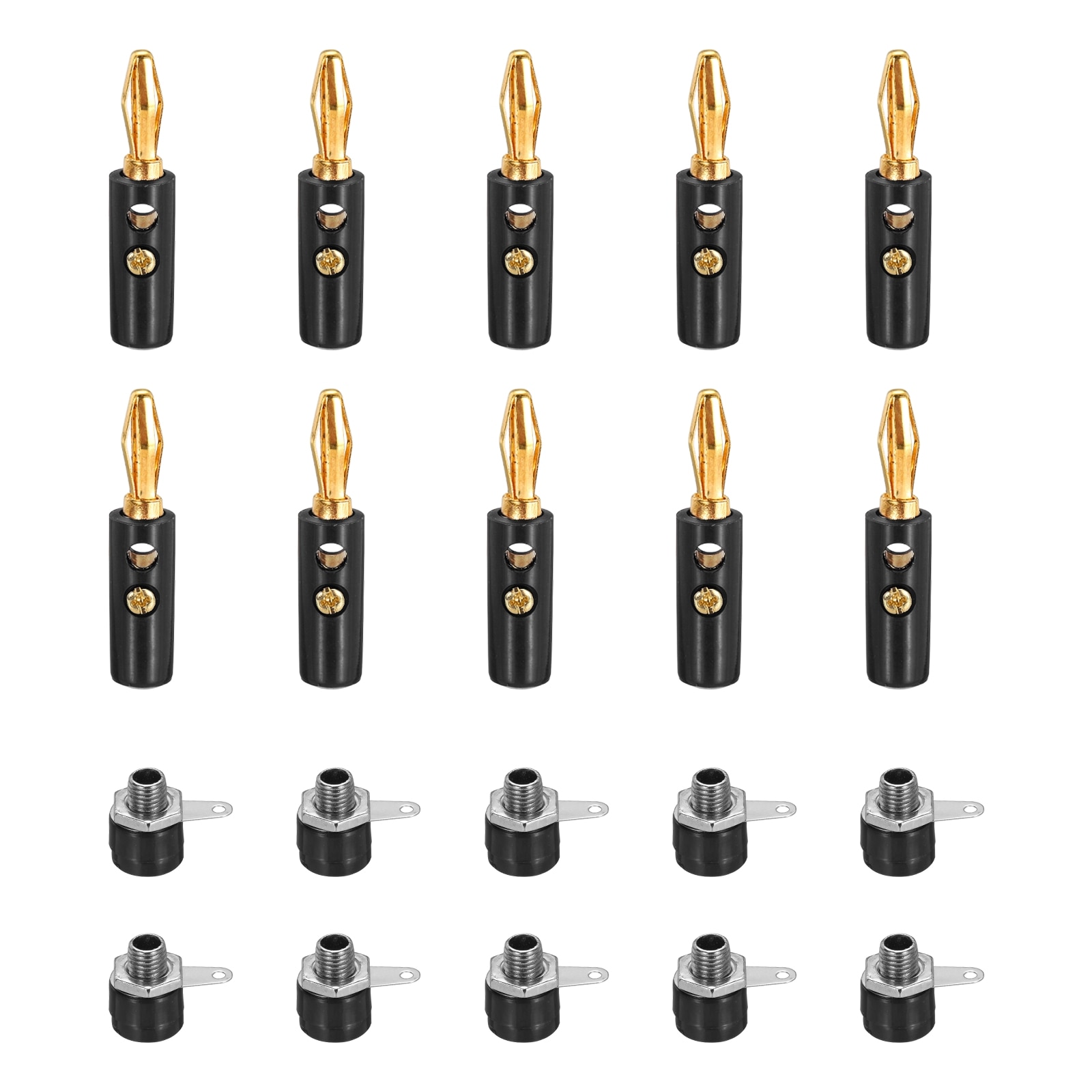 Unique Bargains 10 Pair 4mm Banana Plug and 4mm Banana Jack Panel Mount Banana Socket Binding Post Terminal Wire 24K Gold Plated Connectors Male and Female for Audio/Video Amplifiers Black