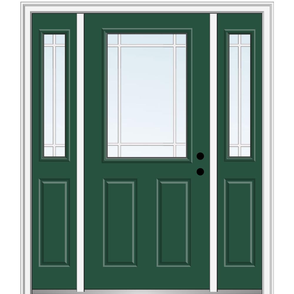 MMI DOOR ZZ05506L 64-in x 80-in x 4-9/16-in Fiberglass Half lite Left-hand inswing Hunter Green Painted Prehung Front Door with Sidelights with Brickmould Insulating core with Grilles
