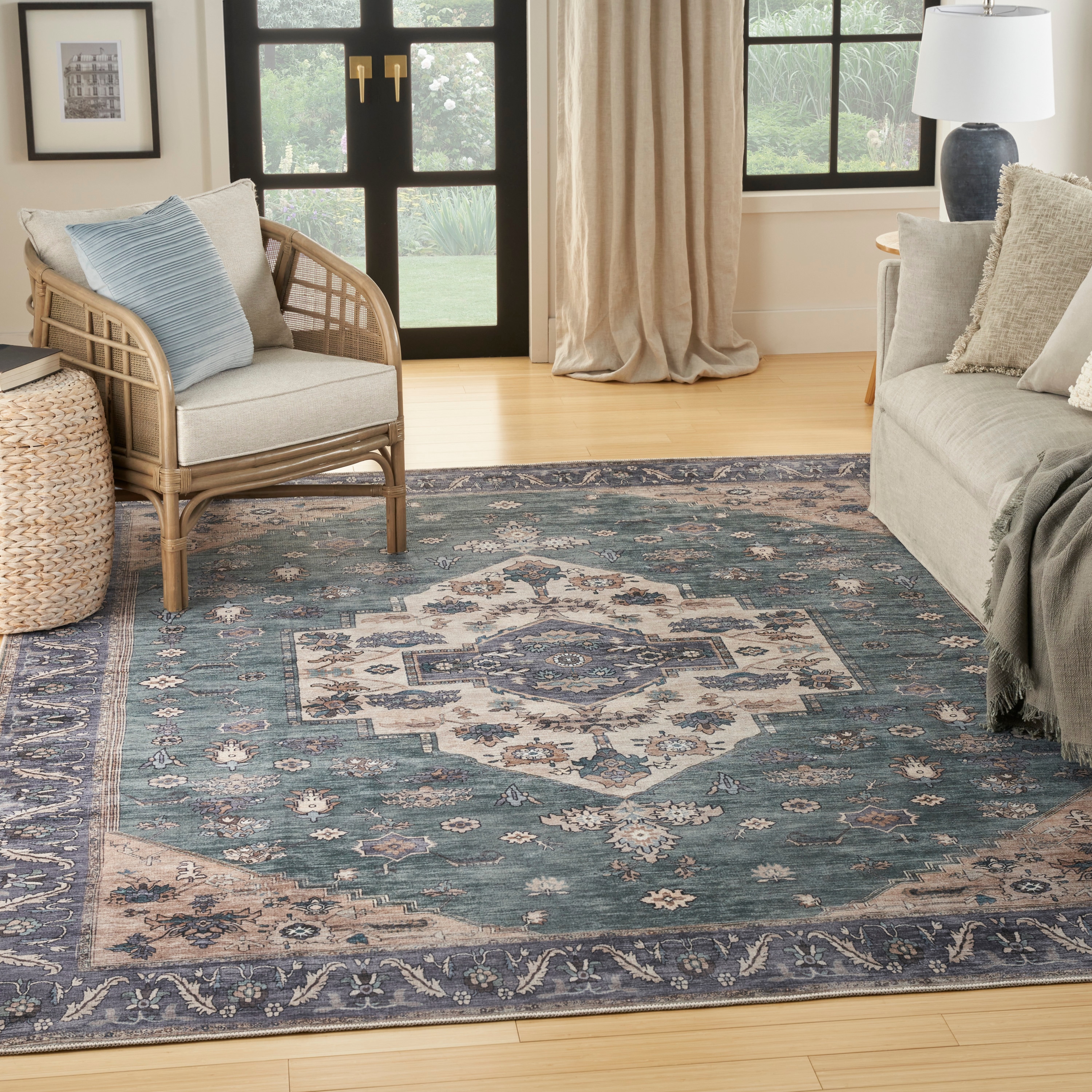 Nourison 099446914286 Brilliance Machine Washable 5 x 7 (ft) Loomed Polyester Teal Blue Rectangular Indoor Floral/Botanical Vintage Machine washable Area rug