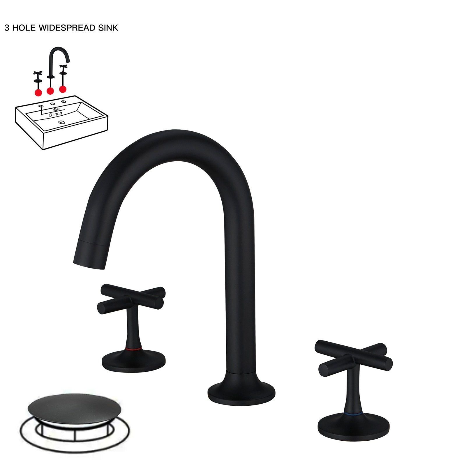 BWE A-916453-B-4 Matte Black Widespread 2-handle WaterSense High-arc Commercial/Residential Handle Bathroom Sink Faucet with Drain