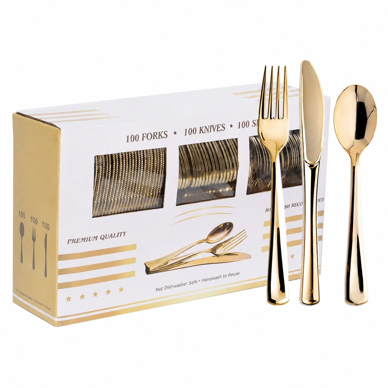 Anqtovp  300 pcs Gold Plastic Silverware Set Disposable Heavy Duty Cutlery Includes 100 Forks 100 Spoons 100 Knives Elegant Flatware for Party