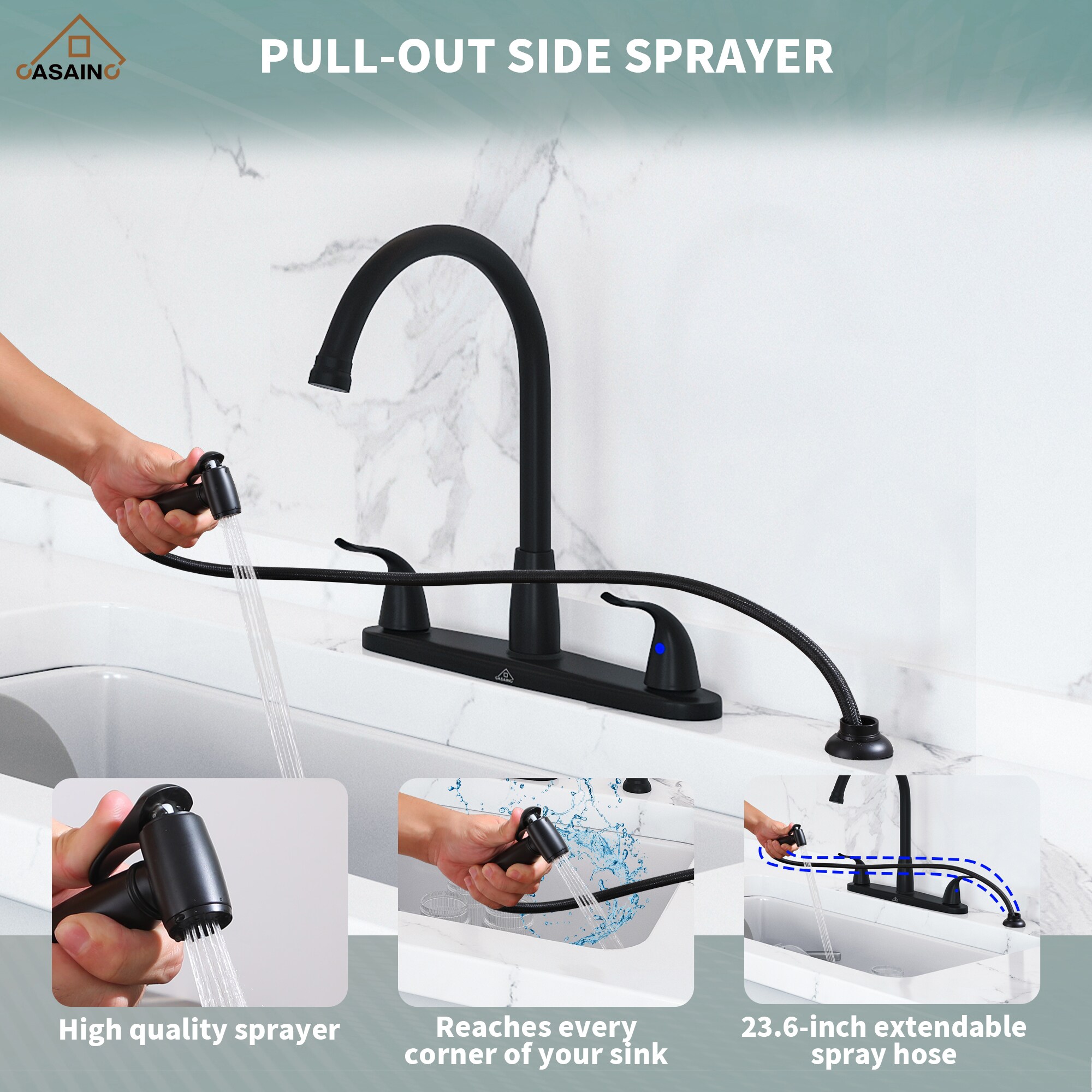 Matte Black Stainless Steel Double Handle Kitchen Faucet with Side Sprayer