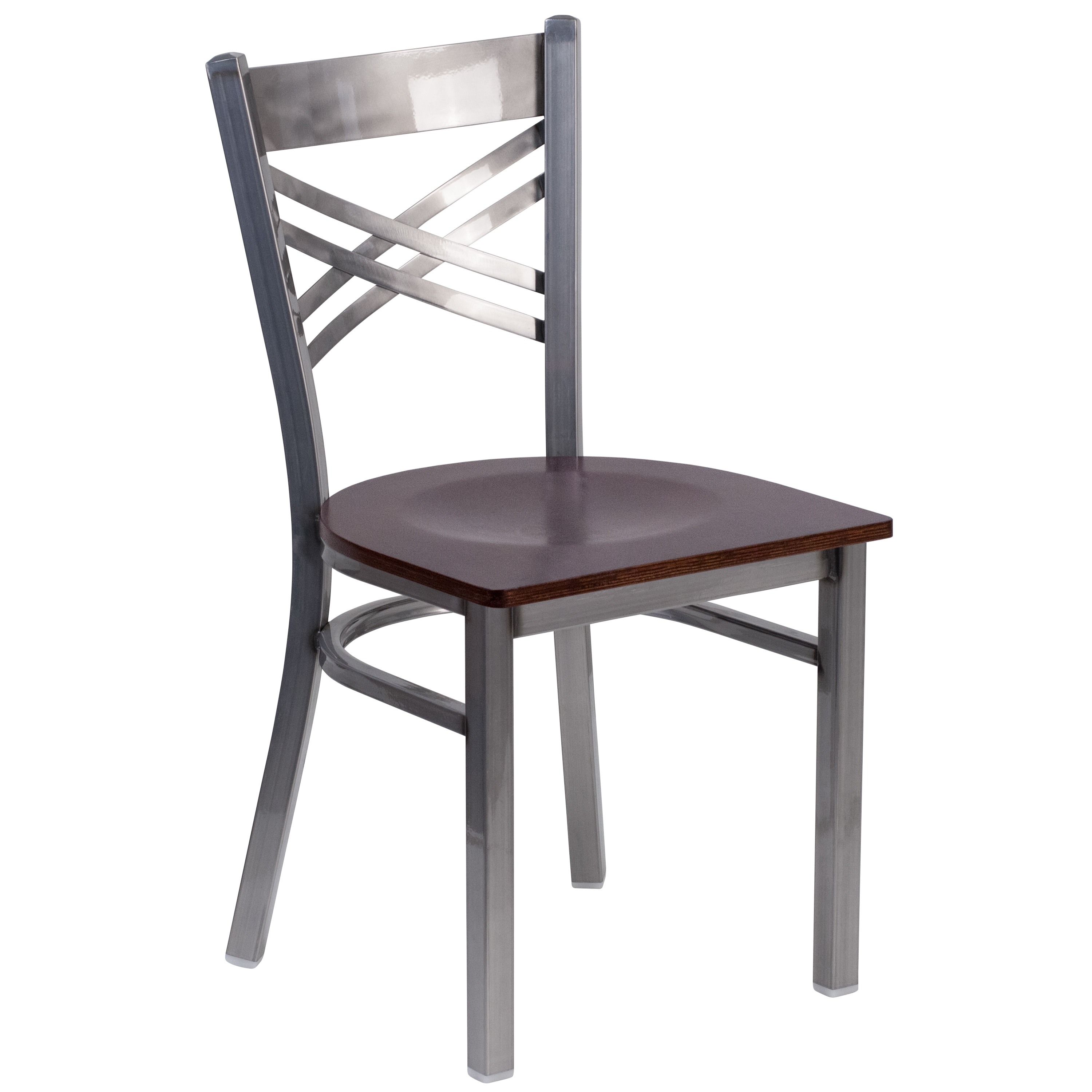 Emma + Oliver 889142720324 Clear Coated X Back Metal Restaurant Chair - Walnut Wood Seat