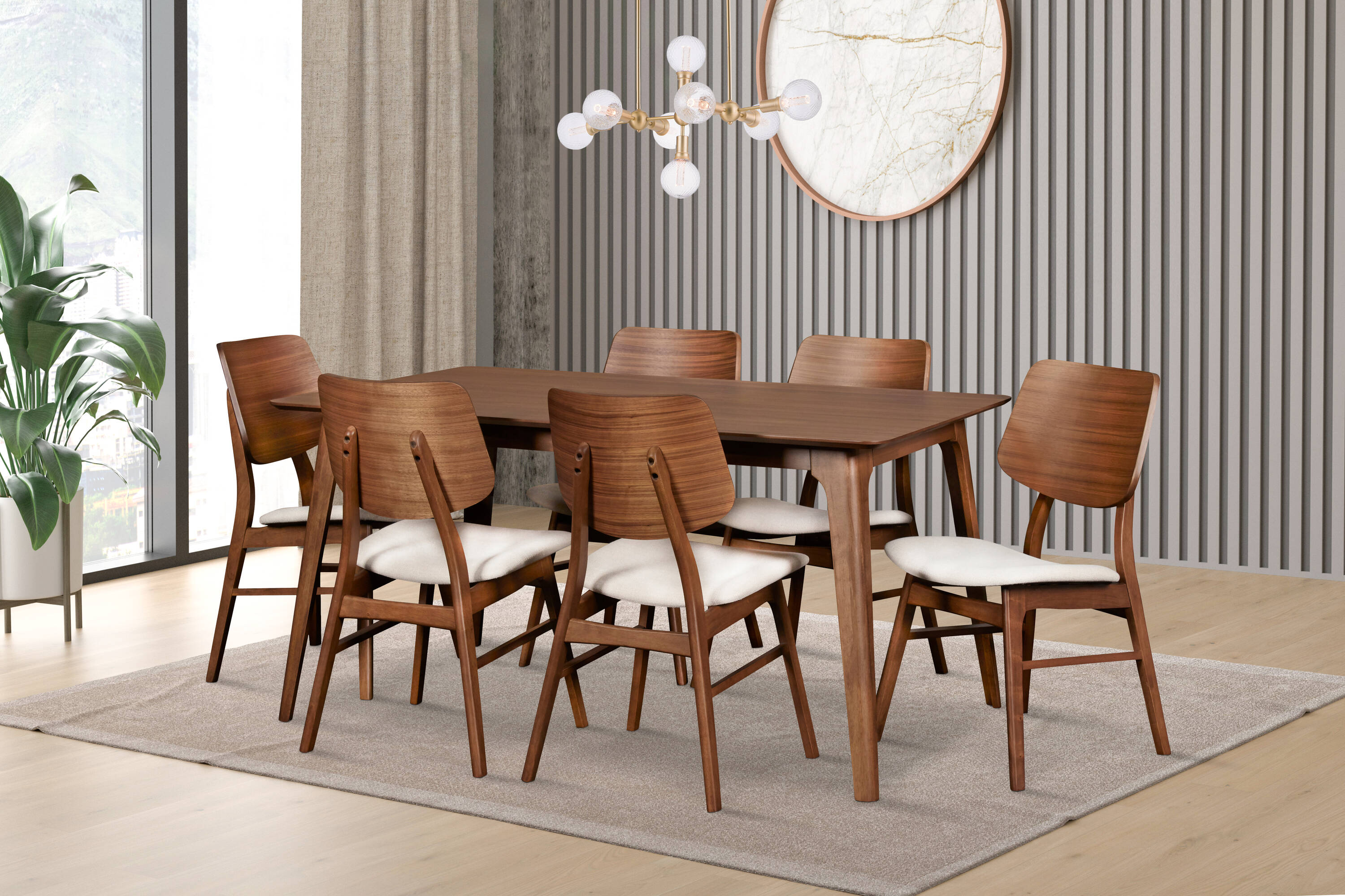 Oscar Mid-Century Walnut Dining Table Set with 6 Chairs