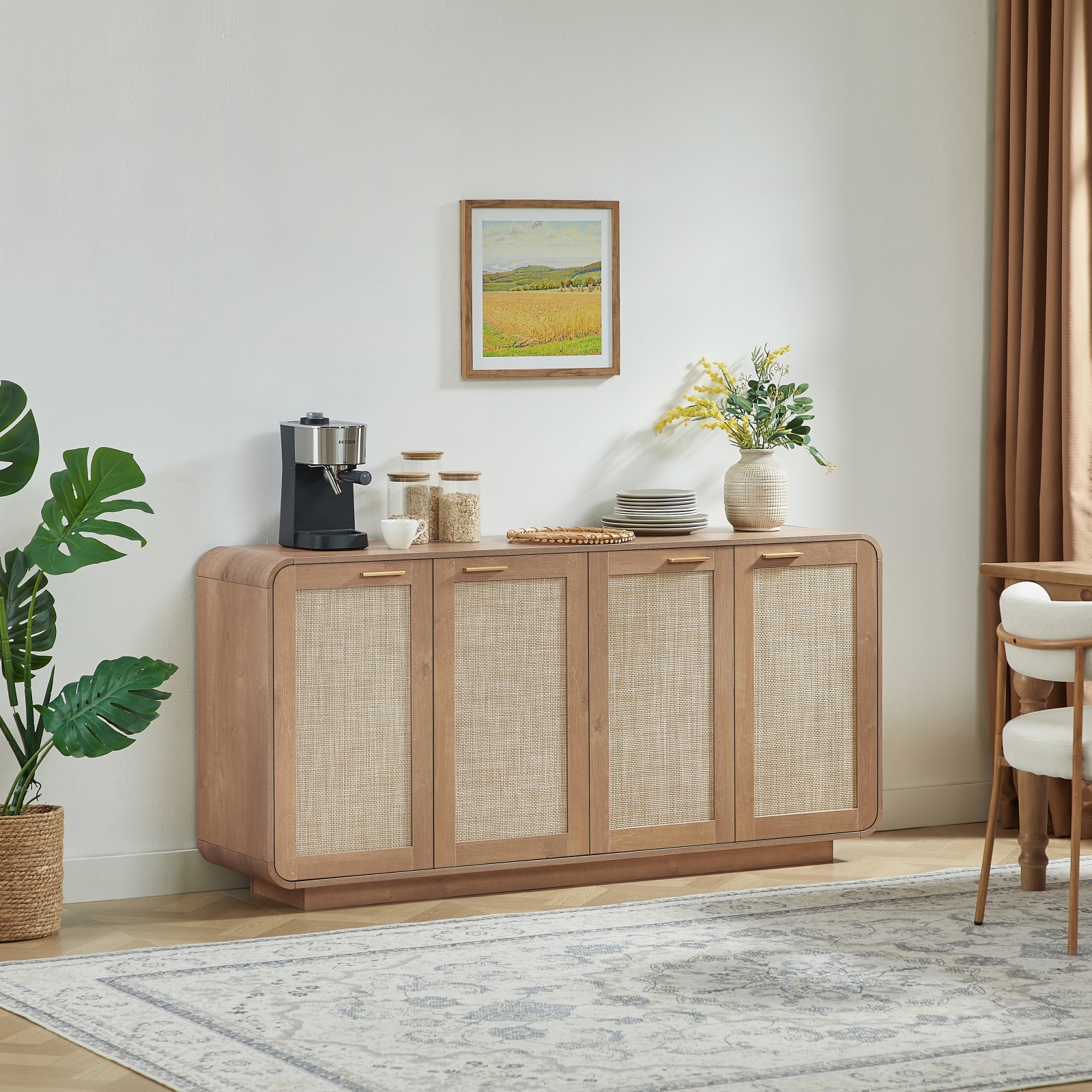 CHITA Minimalist Modern Wood and Rattan Sideboard Buffet Cabinet with 4 Doors for Living Room Dining Room Entryway and Display Storage Caramel