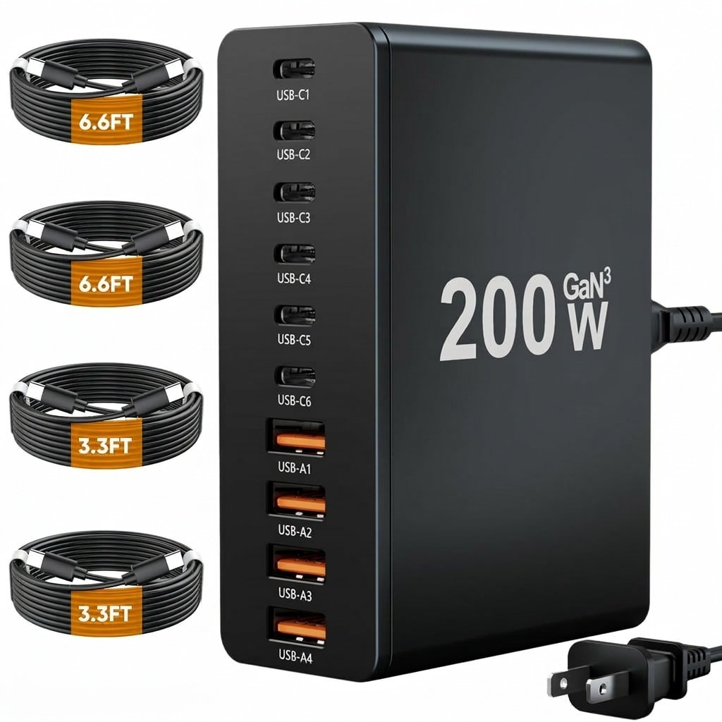 AOIZGMY  10 Port USB C Charging Station 200W GaN Charger Block with 6 USB C and 4 USB A Ports Includes 4 C to C Cables and 5ft Power Cord 1 Set