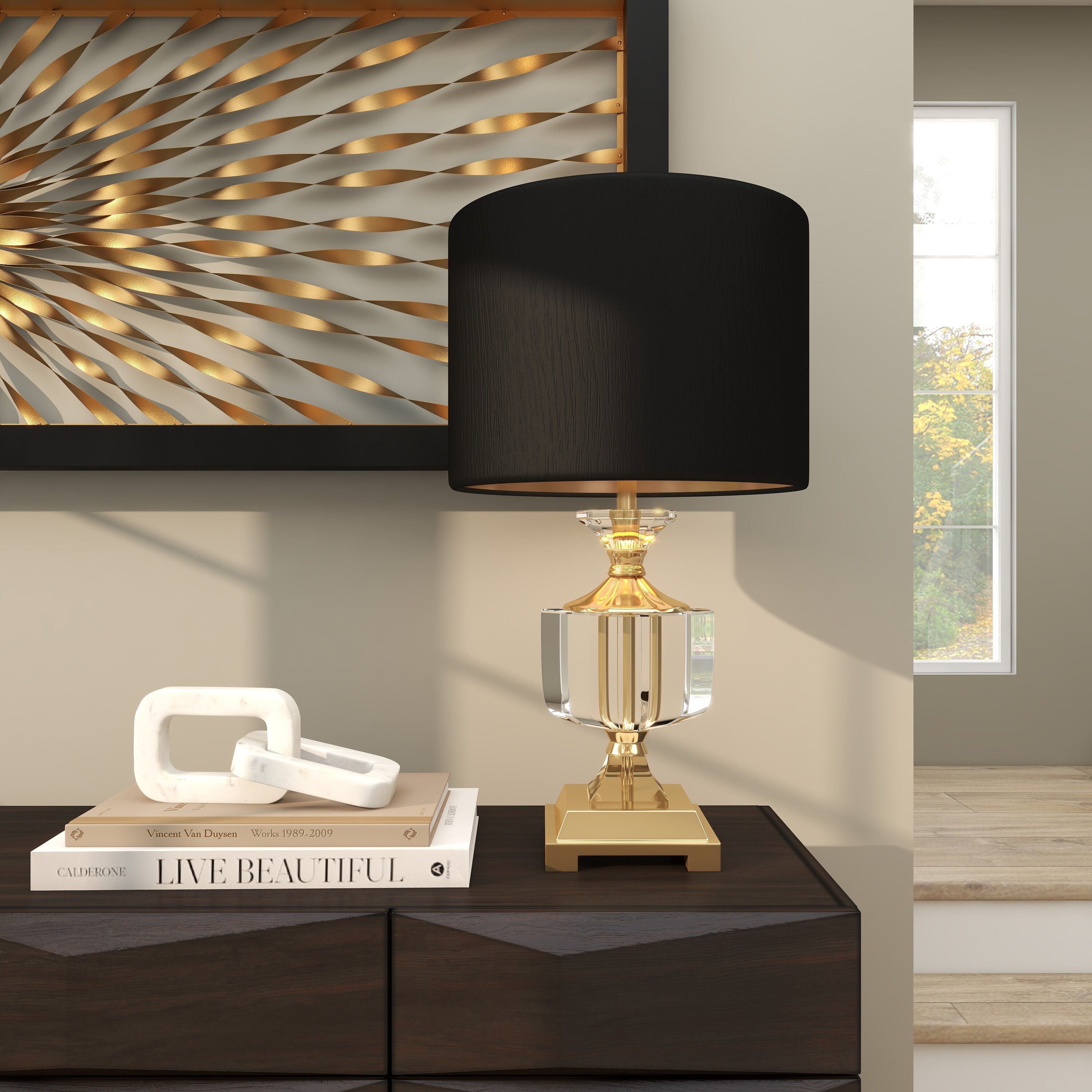 Grayson Lane 39962 24-in Gold with Drum Shade LED On/Off switch Table Lamp with Fabric Shade