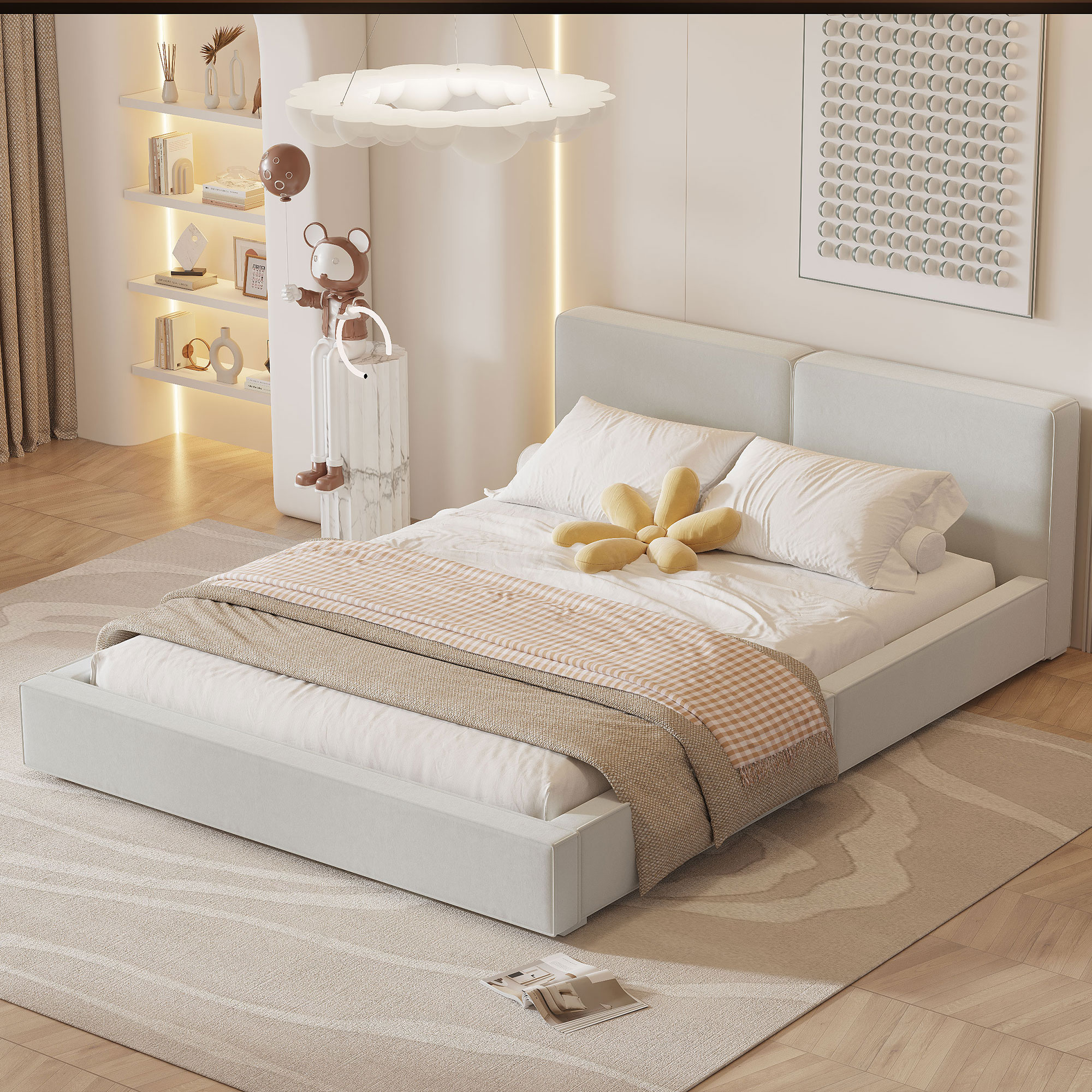 ModernLuxe L3P-SF000162AAA Queen Size Upholstered Platform Bed with Velvet Fabric Grounded Bed with Solid Frame Beige
