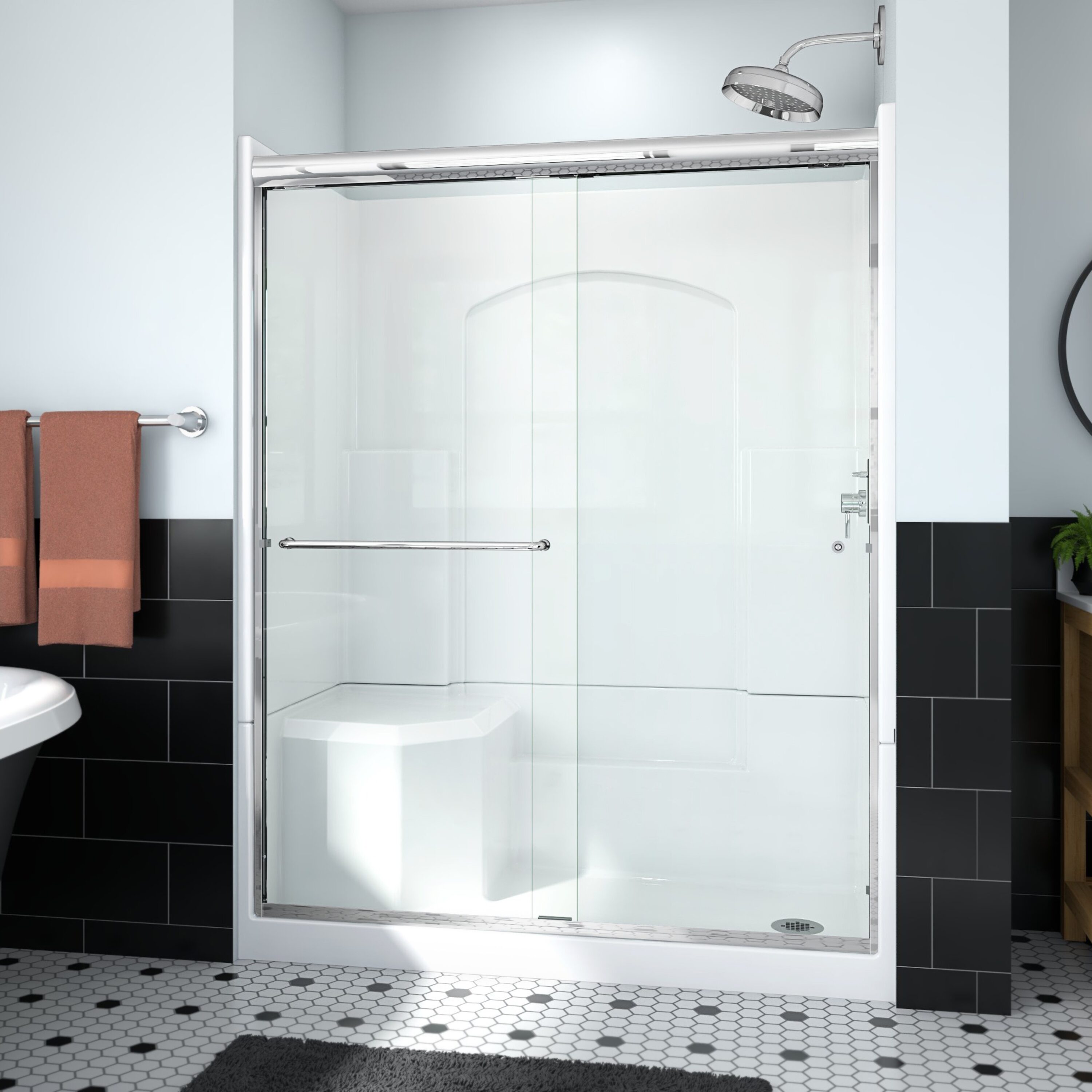 Laurel Mountain L3660SH1S4PLWC3 Slayden Plus 4 -Piece 36-in W x 60-in L x 77-in H Rectangular Alcove shower kit ( Right Drain) with Integrated Seat Base, Wall, Door Drain and Chrome