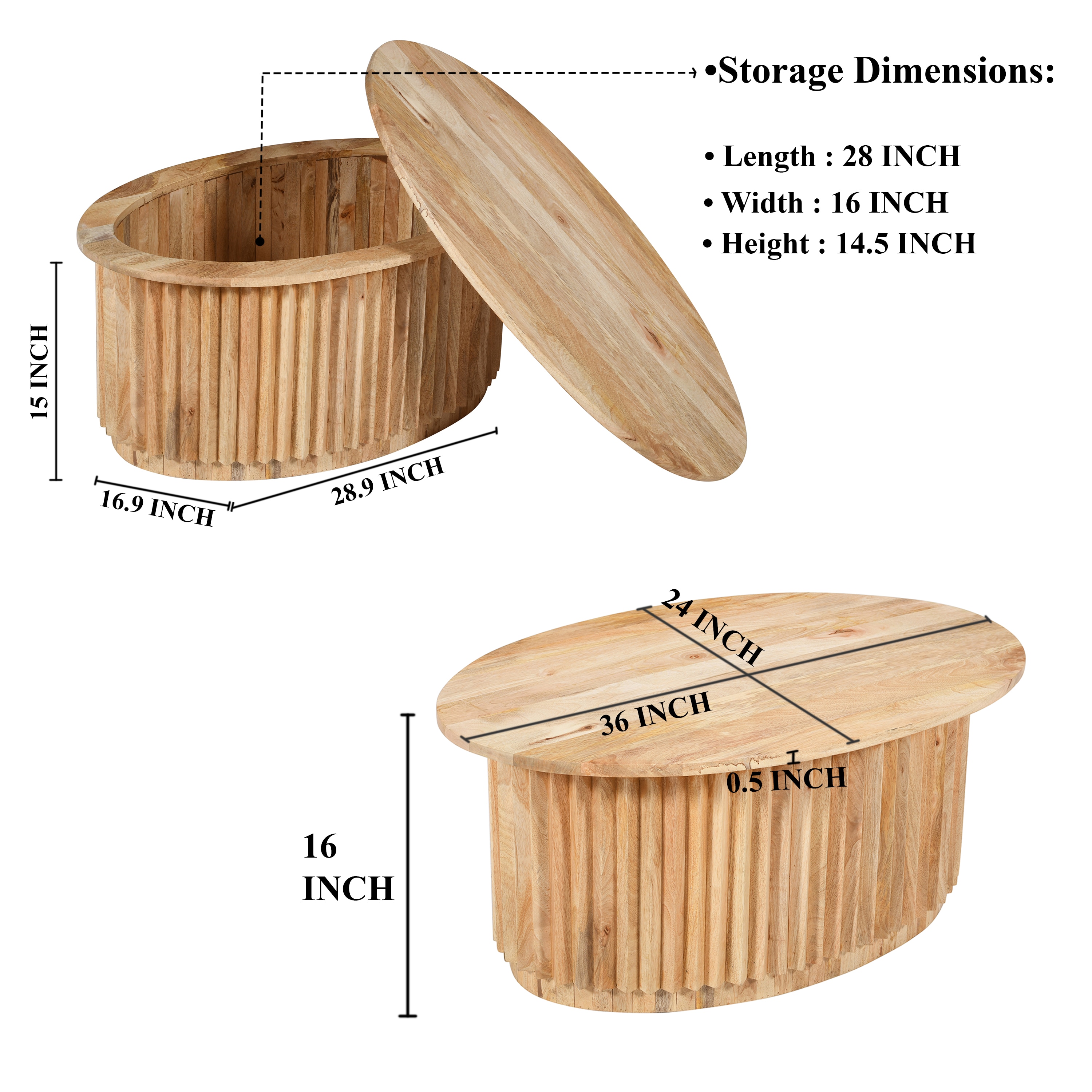 Natural Brown Oval Mango Wood Coffee Table with Hidden Storage