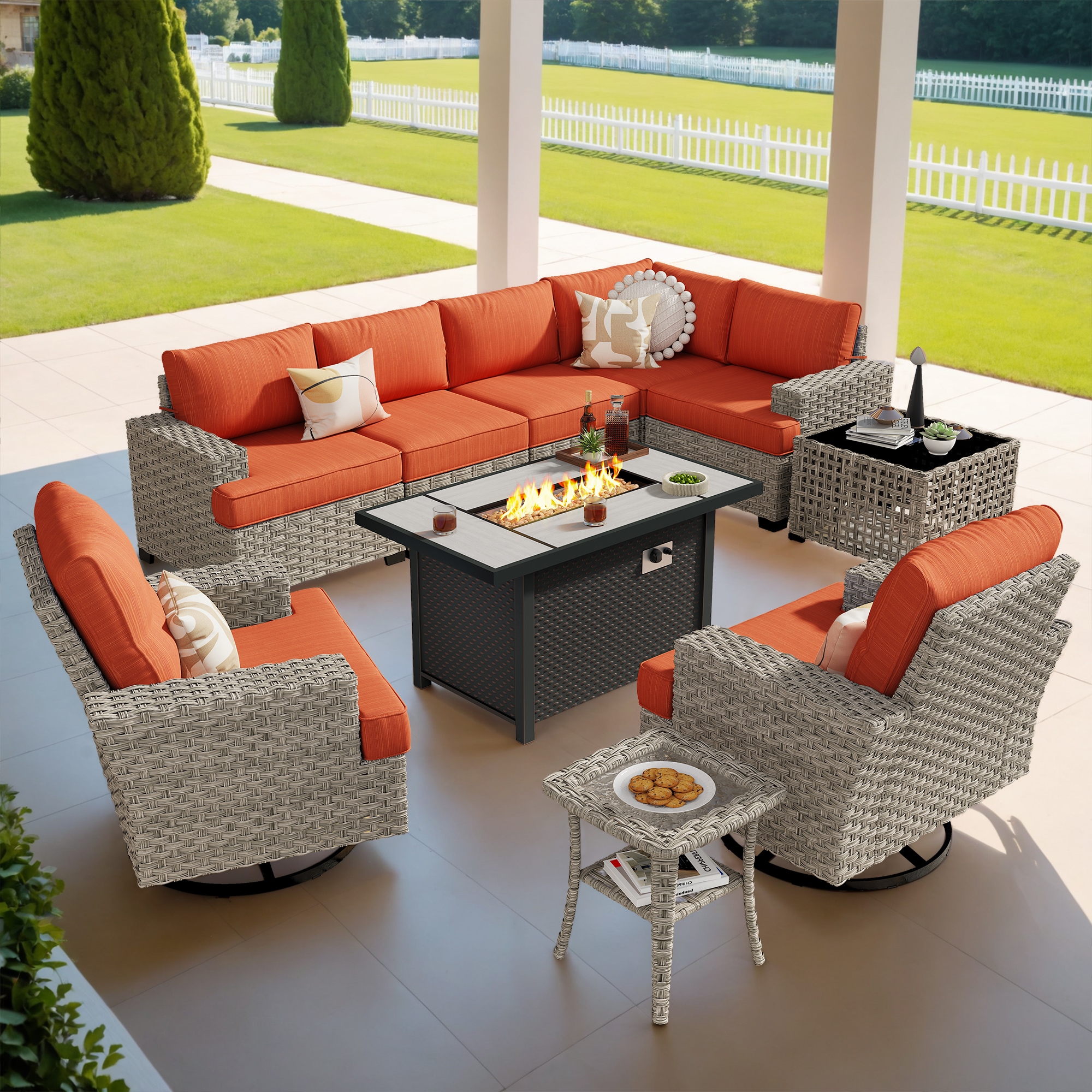 Caodoc L5-CFP03-YZTBS810-1 CFP03-YZTBS Rattan Outdoor Loveseat with Orange Cushions and Wicker Frame