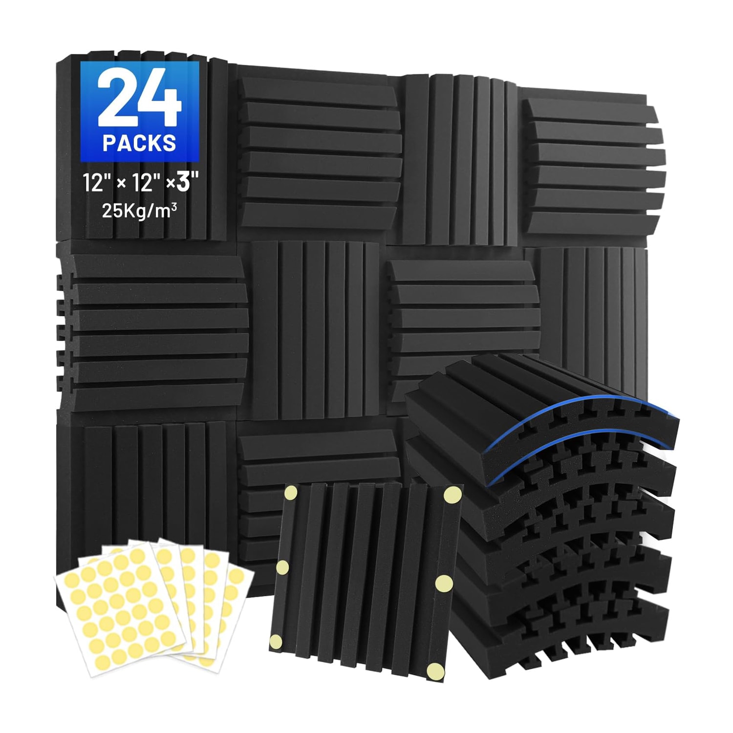 Etokfoks  24 pack curved acoustic foam panels 3 x 12 x 12 inch sound absorption wedge tiles with adhesive for home office studio walls