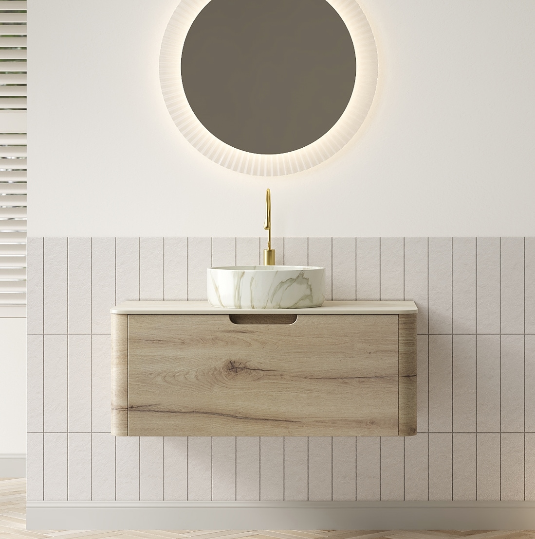 Tatayosi 36 Inches Bathroom Vanity with Sink Floating Plywood Storage Cabinet with Drawer Ceramic Basin with Stone Pattern and Travertine-Pattern Sintered Stone Top Pre-assembled White Oak Woodgrain Color