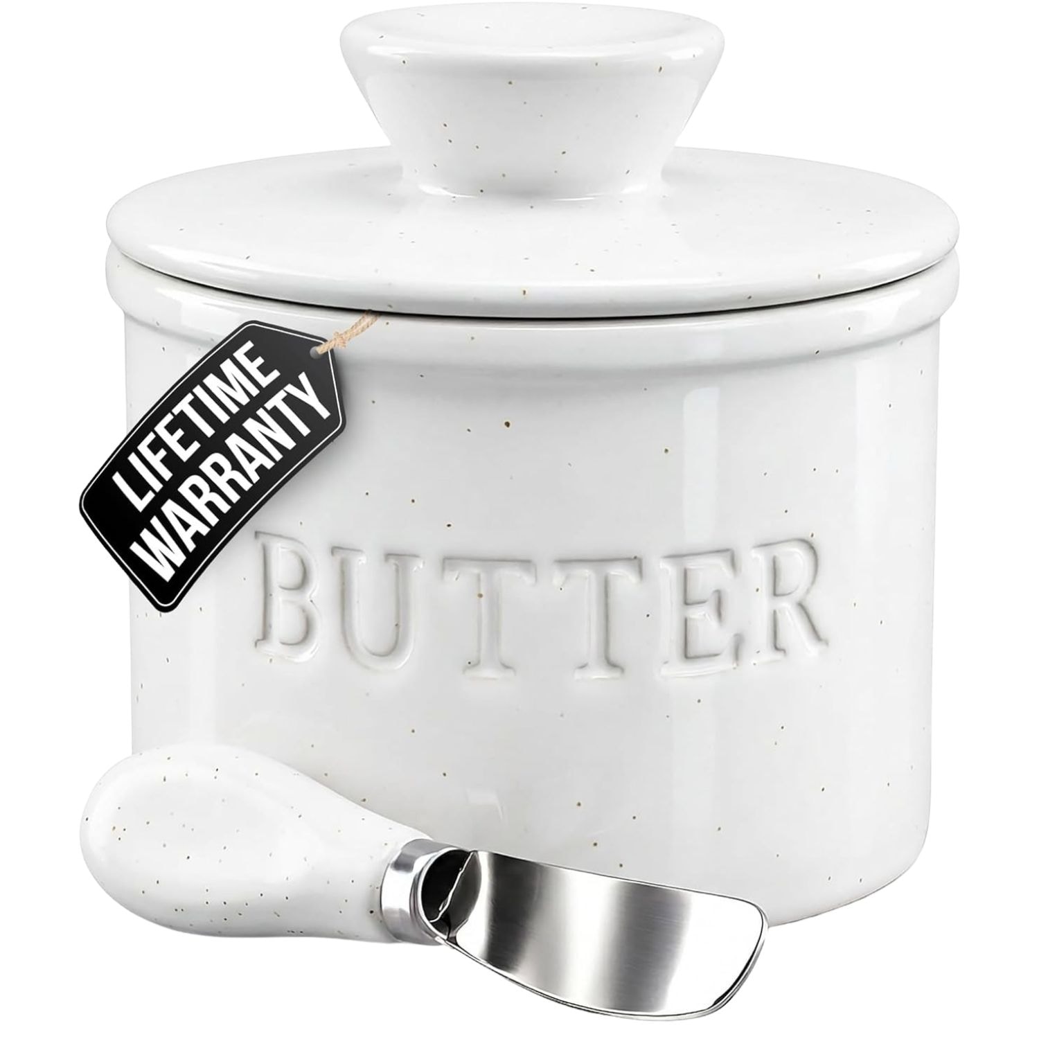 Zulay Kitchen Bell Shaped Ceramic Butter Crock with Lid Water Line and Spreader Knife
