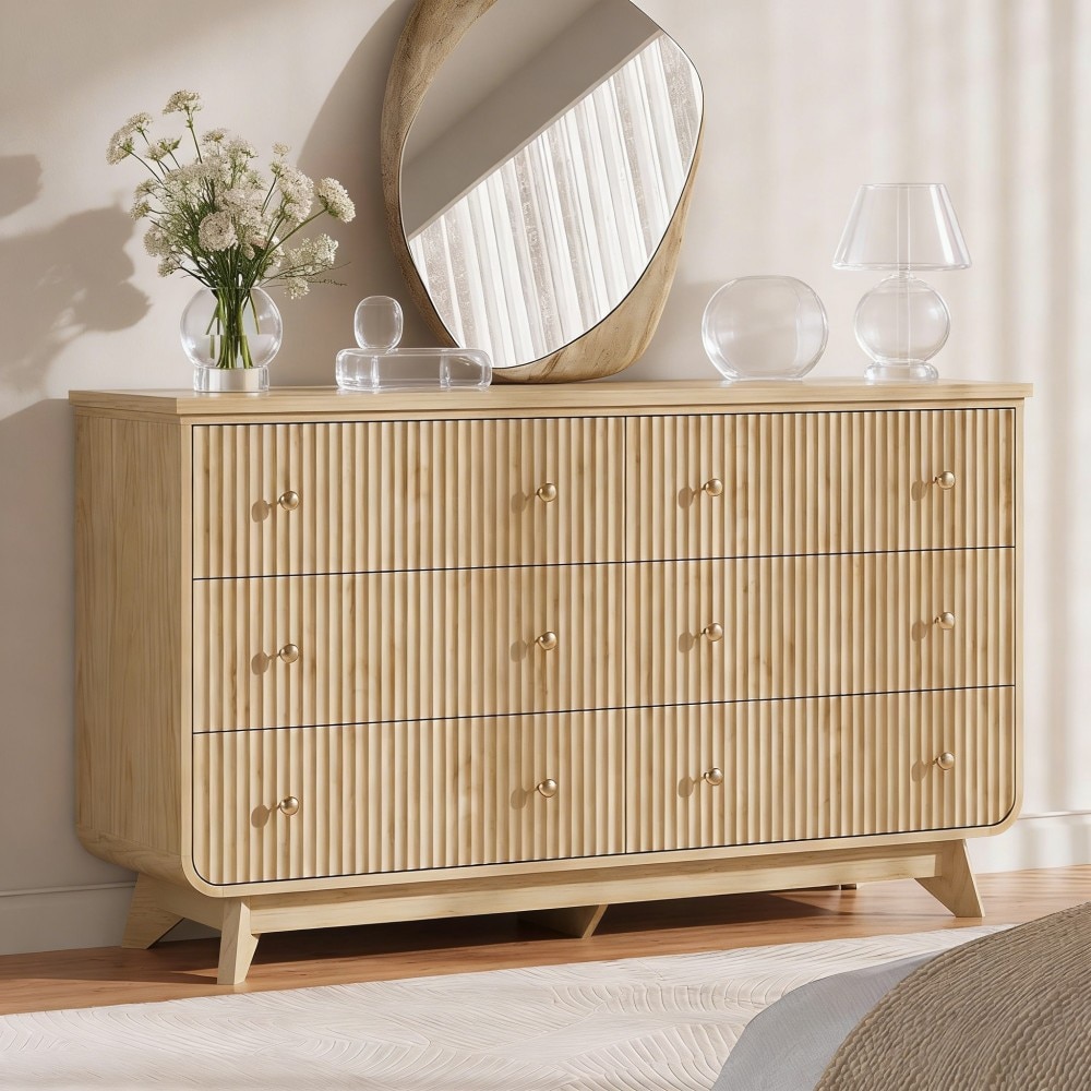 Numhew Fluted 55 in 6 Drawer Dresser with Arched Base and Gold Handles Oak one_size in Brown | NHSEAN6250